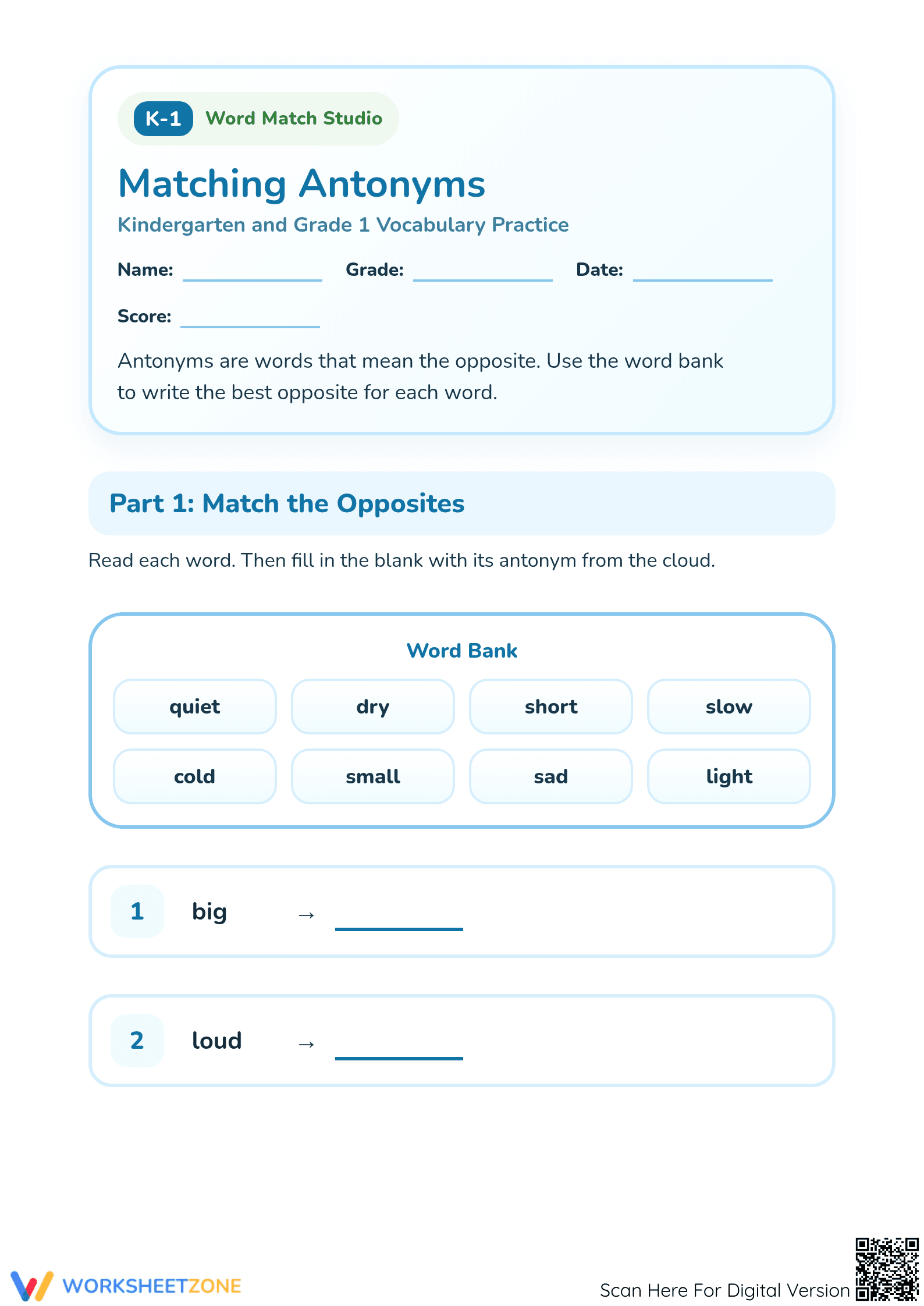 Printable Matching Antonyms Worksheet | Grade 1 ELA - Page 1