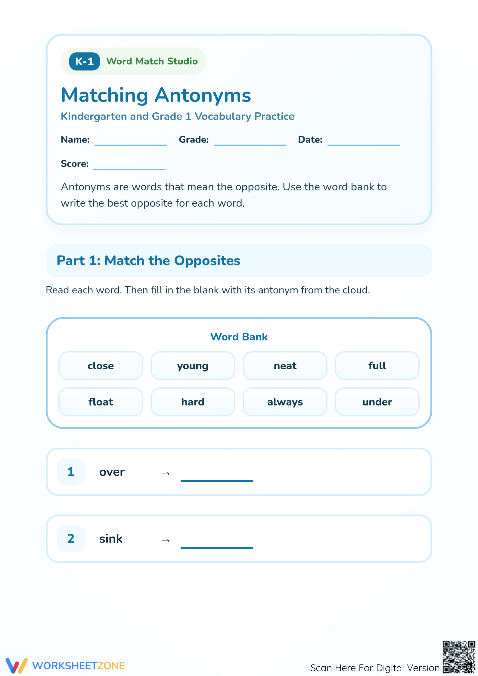 Printable Grade 1 Matching Antonyms Worksheet - Page 1