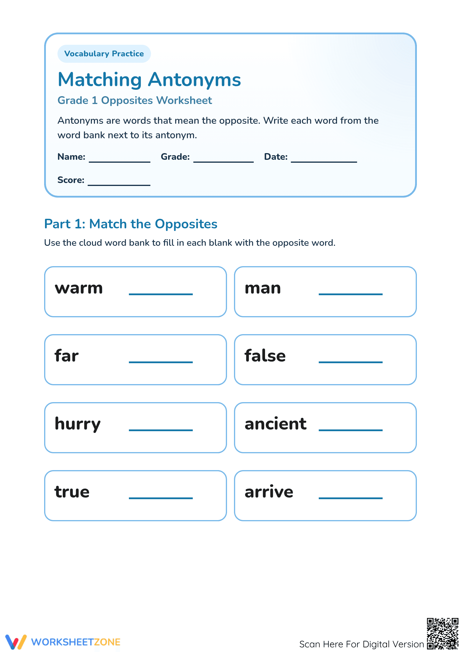 Printable Antonyms Matching Worksheet | Grade 1 ELA - Page 1
