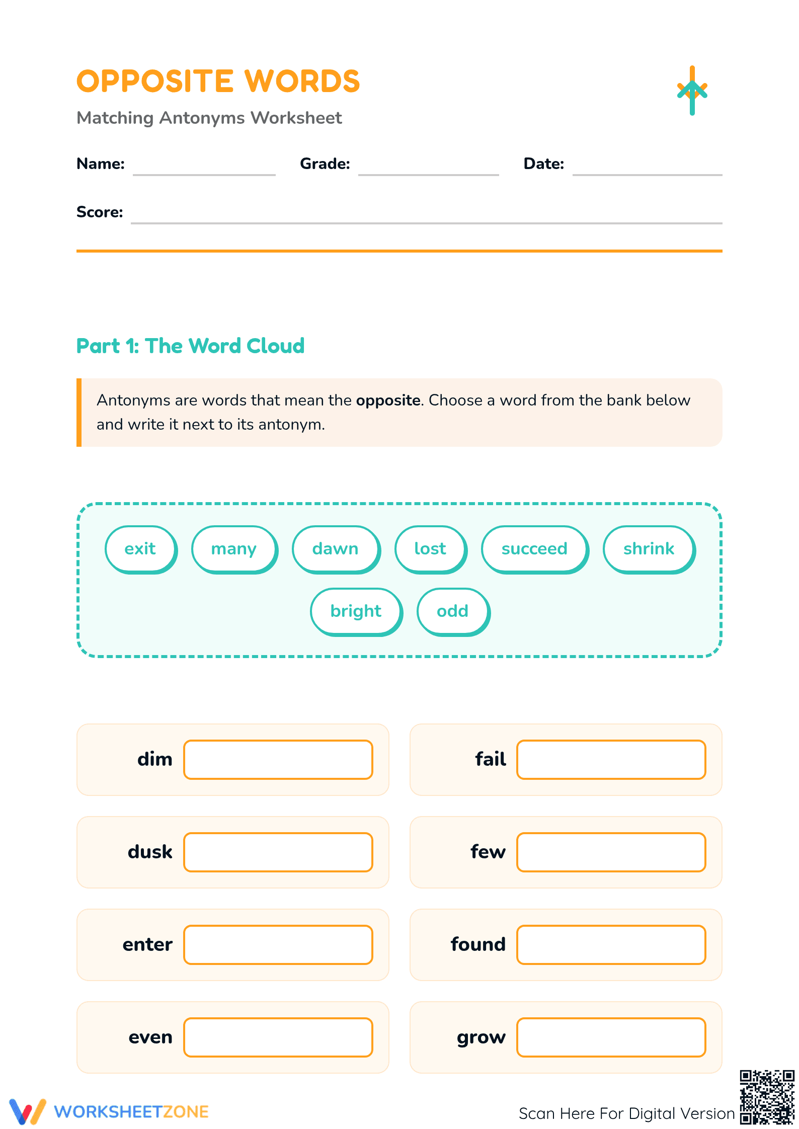 Printable Antonyms Worksheet | Grade 1 ELA Practice - Page 1