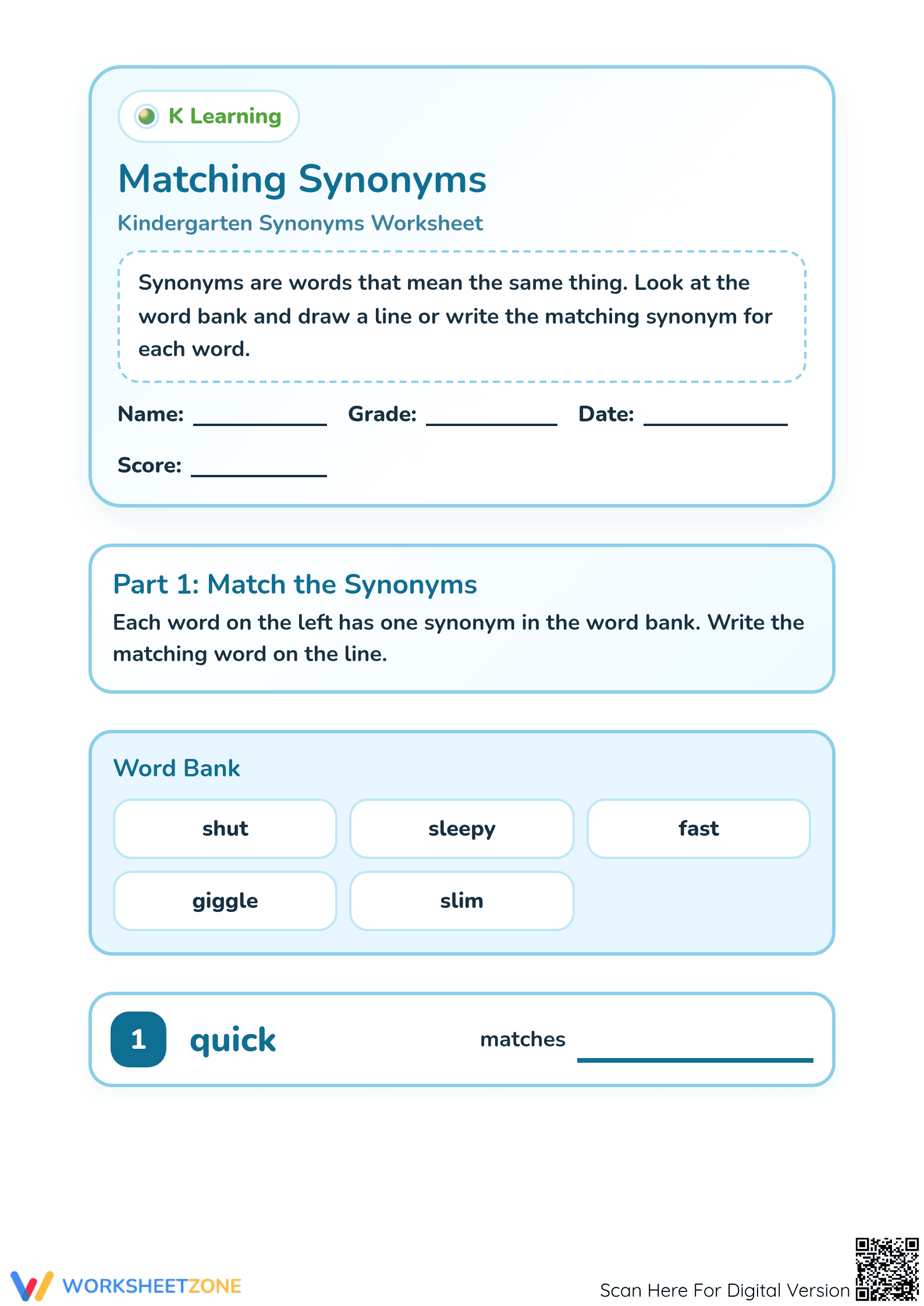 Printable Matching Synonyms Worksheet | Kindergarten ELA - Page 1