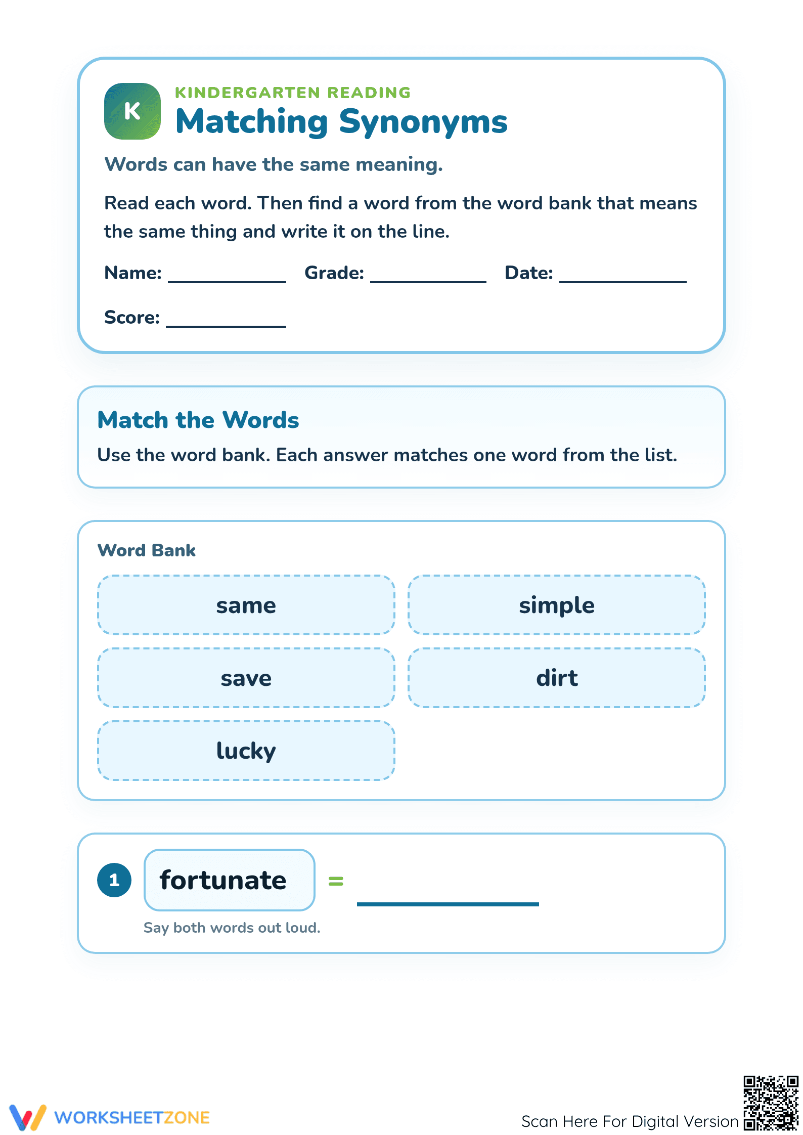 Printable Synonyms Matching Worksheet | Grade K Essential - Page 1