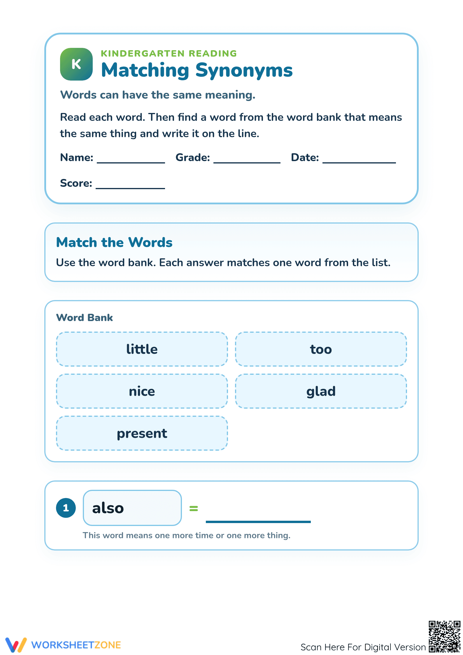 Printable Matching Synonyms Worksheet | Grade K ELA - Page 1