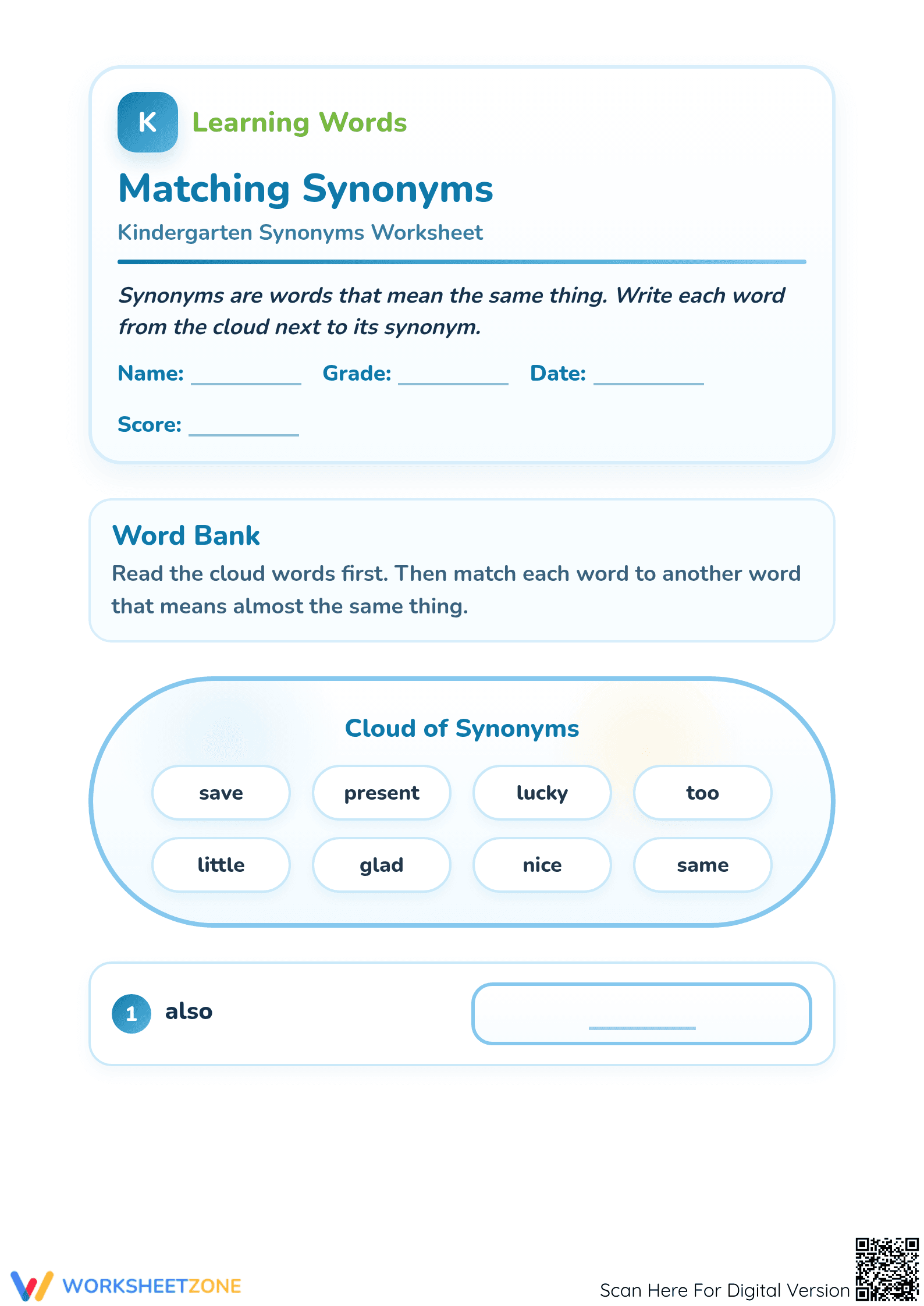 Printable Synonyms Worksheet | Kindergarten ELA Essential - Page 1