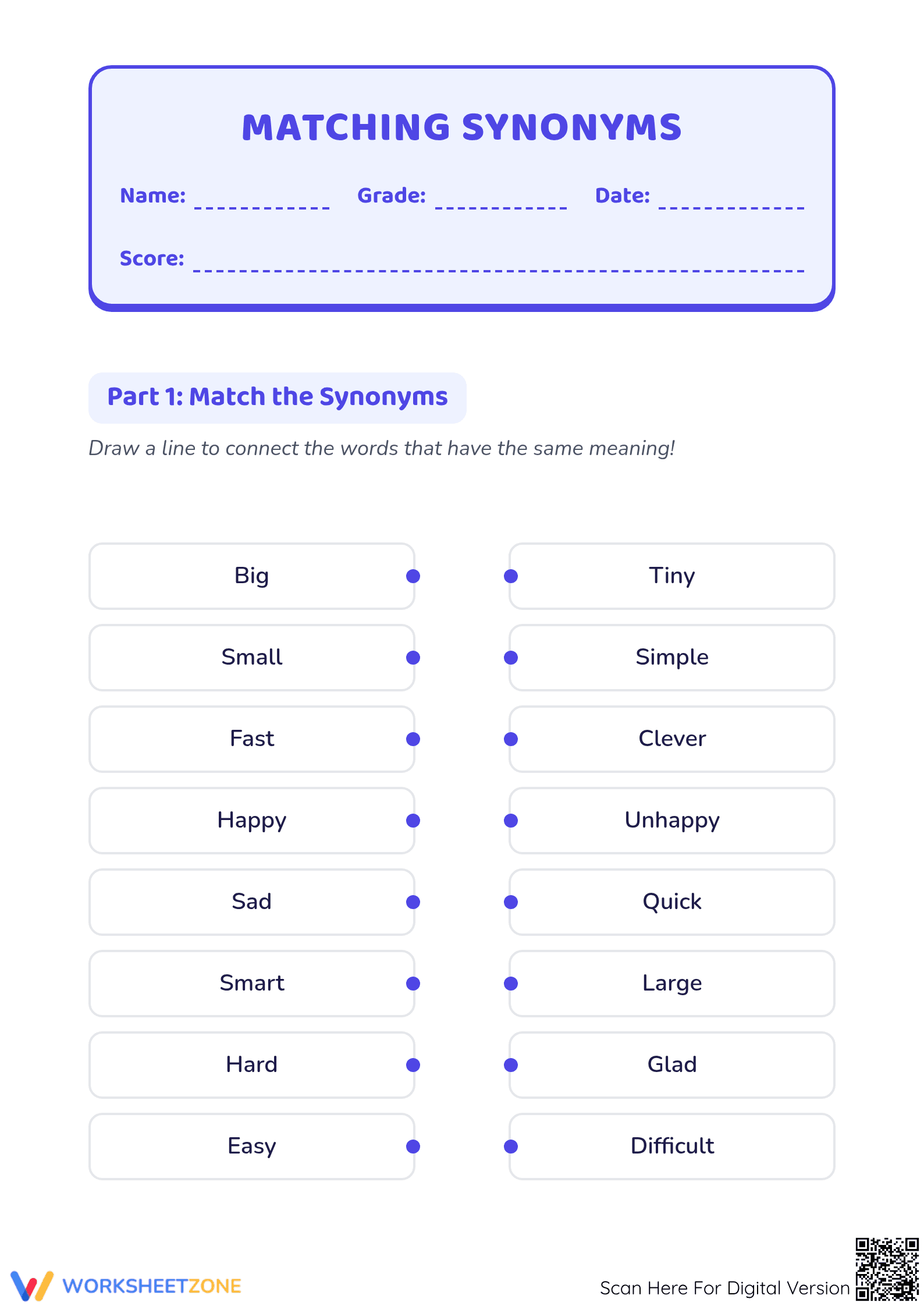 Matching Synonyms Worksheet | Printable Kindergarten ELA - Page 1