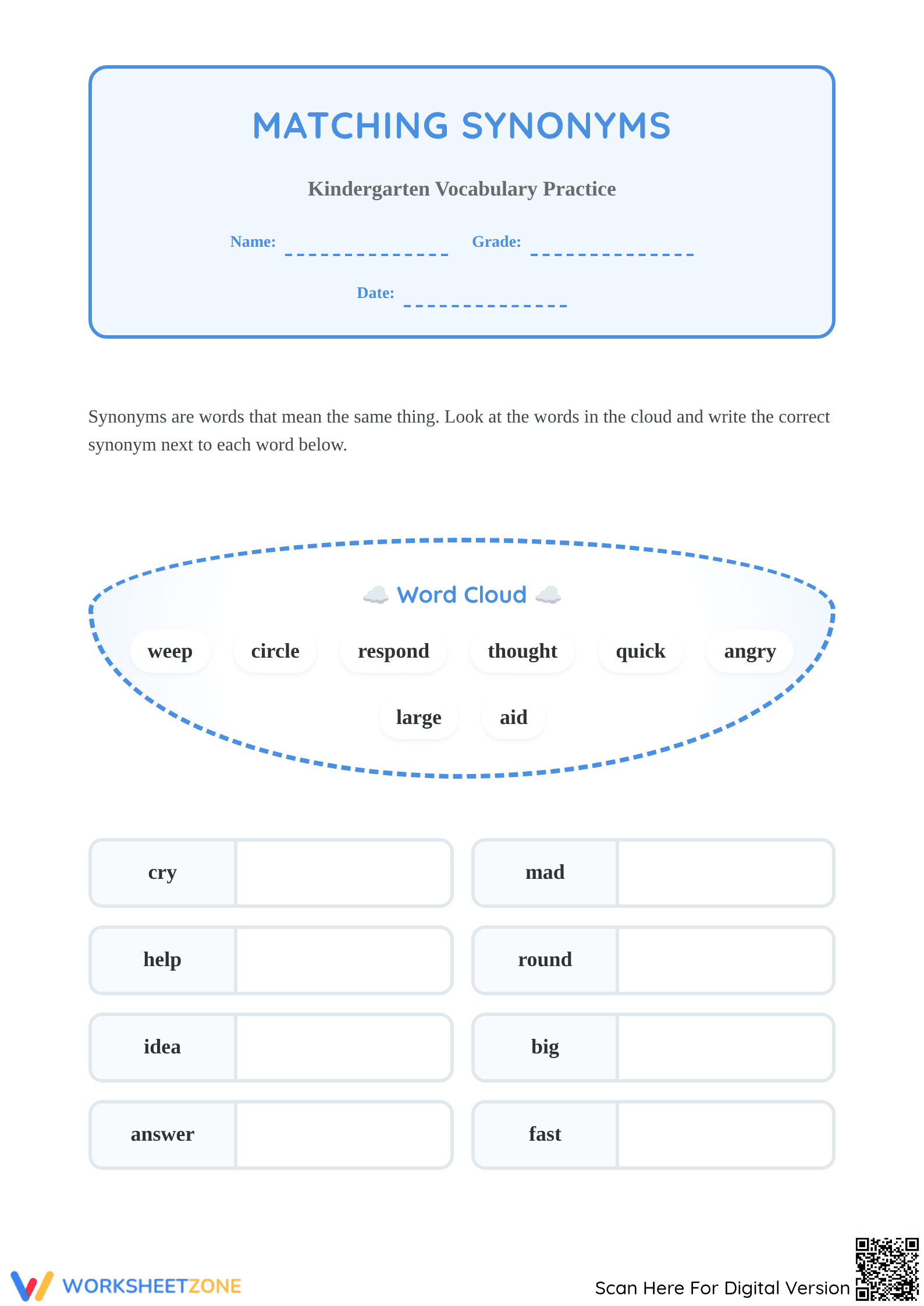 Grade K Synonyms — Printable No-Prep Worksheet - Page 1