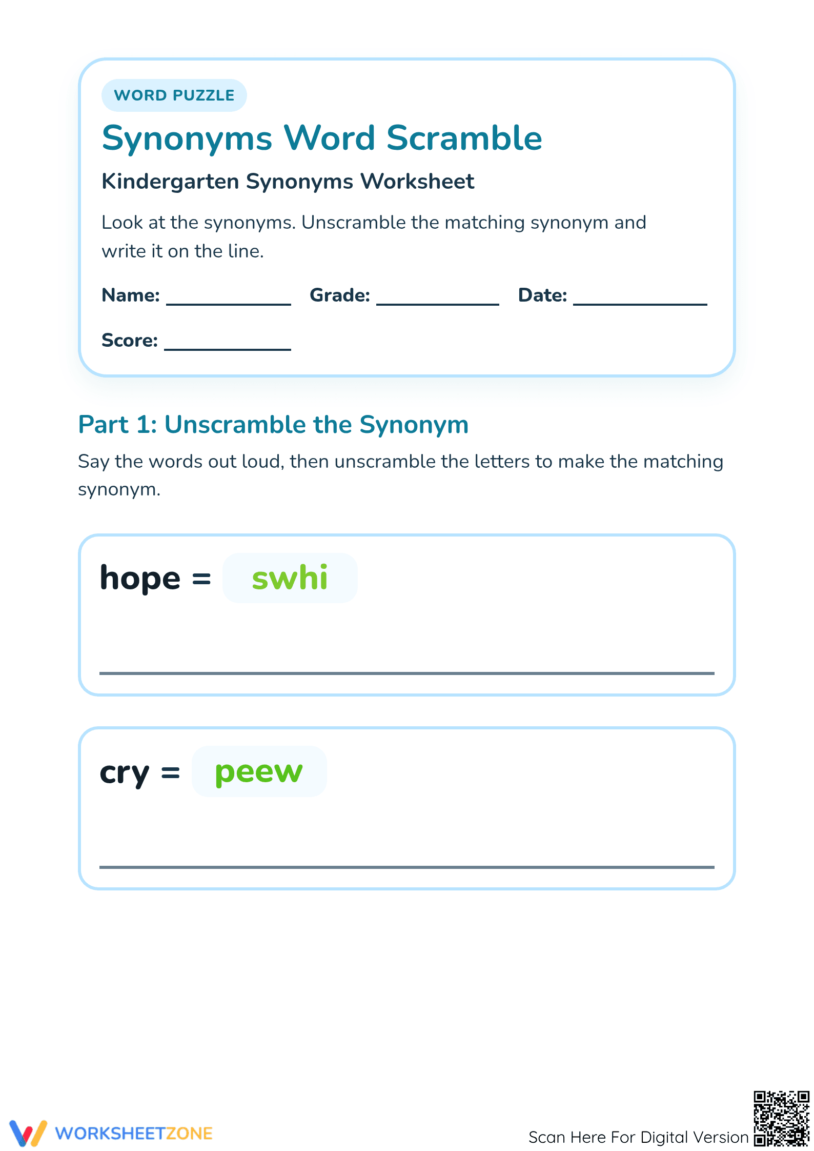 Synonyms Word Scramble Worksheet | Printable Grade K ELA - Page 1