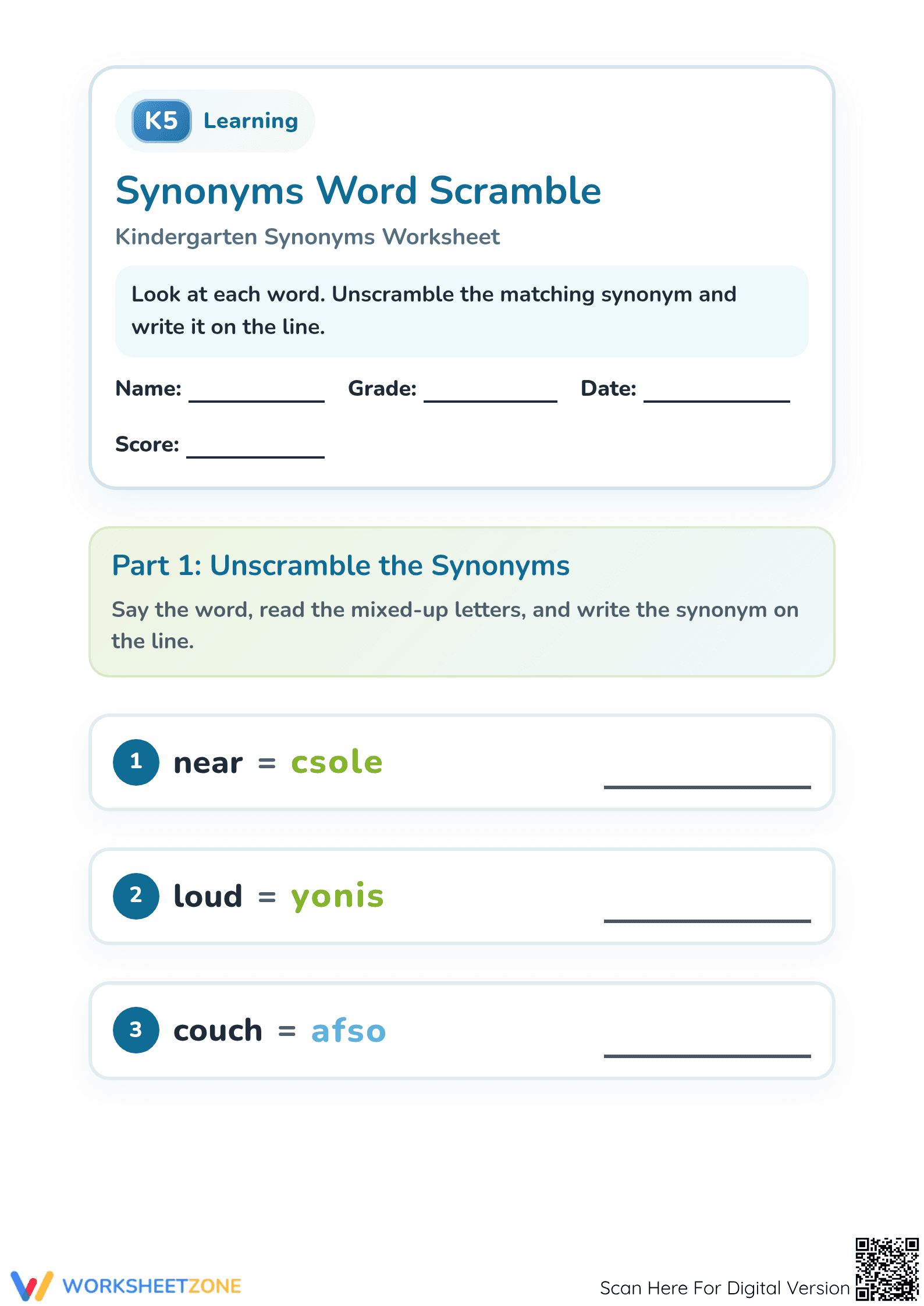 Printable Synonyms Word Scramble 4 | Kindergarten ELA - Page 1