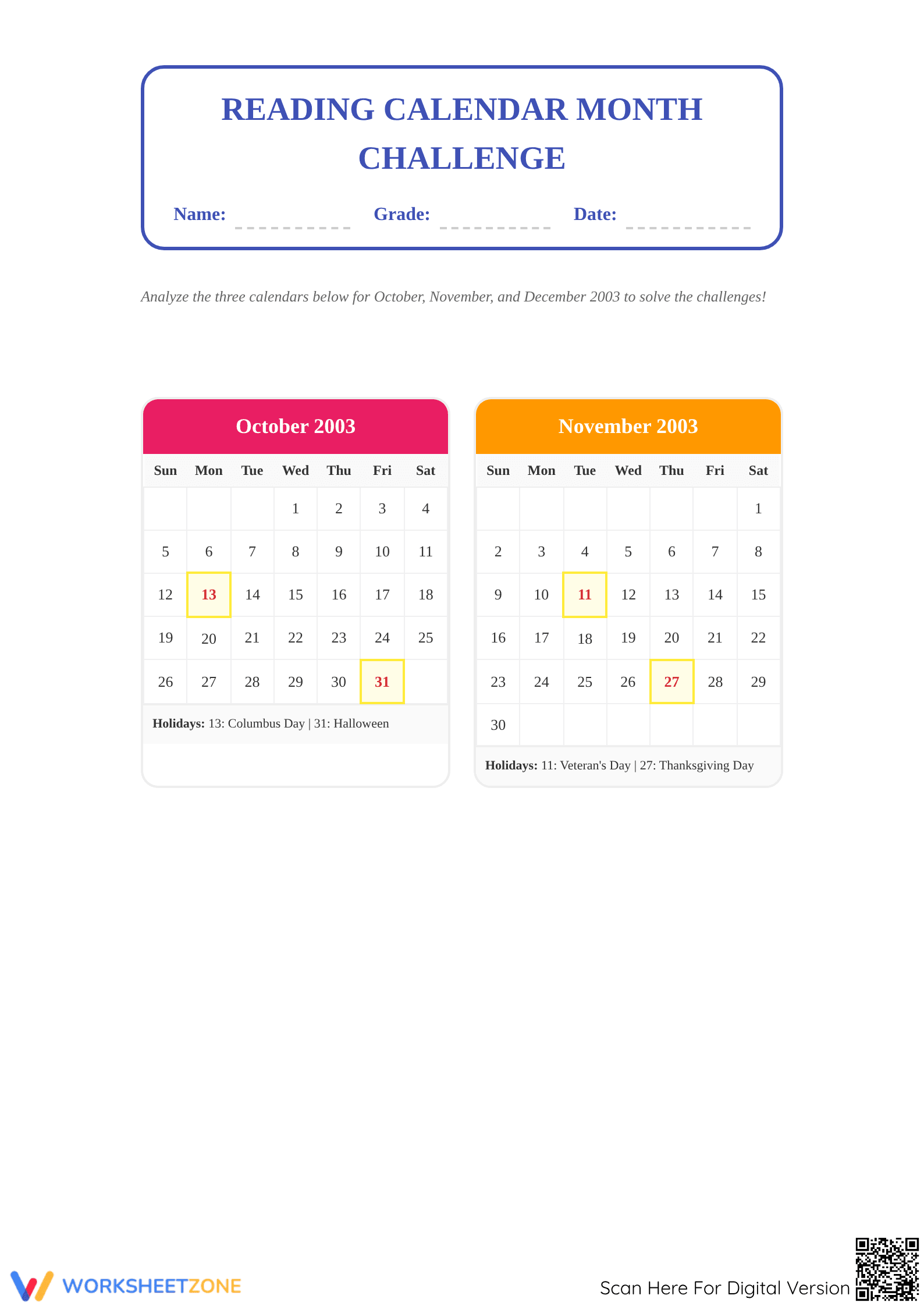 Grade 3 Reading Calendar Month Challenge: Essential Worksheet - Page 1