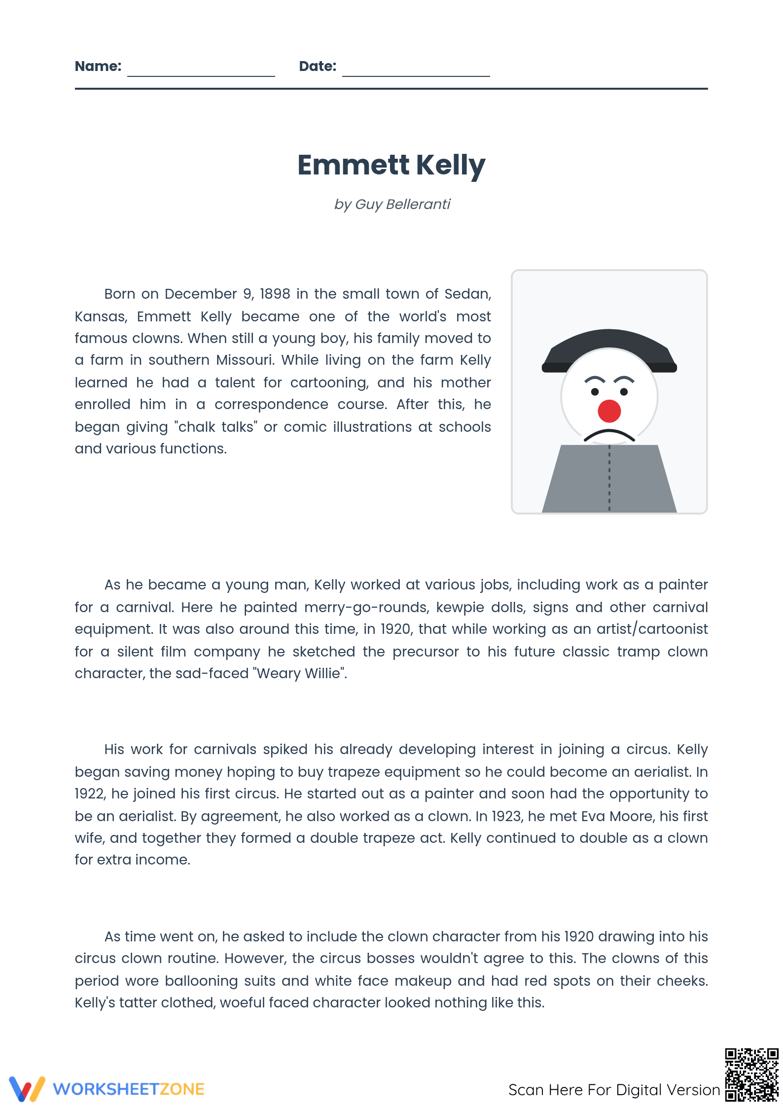 Emmett Kelly Reading Worksheet | Grade 4 Essential - Page 1