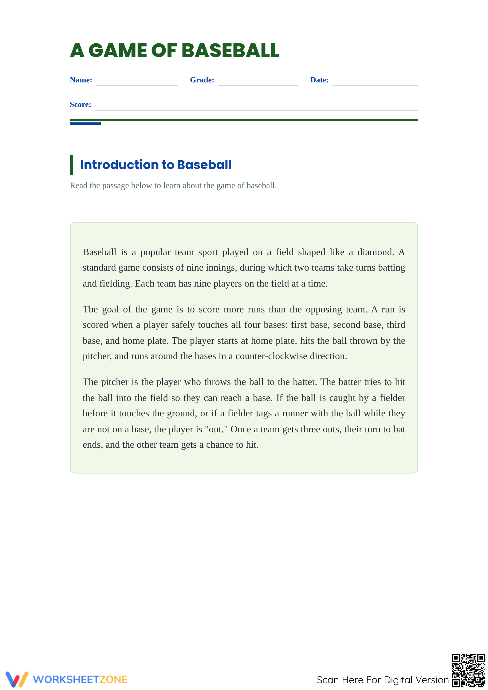 Essential Grade 3 Baseball Reading Worksheet | Printable - Page 1