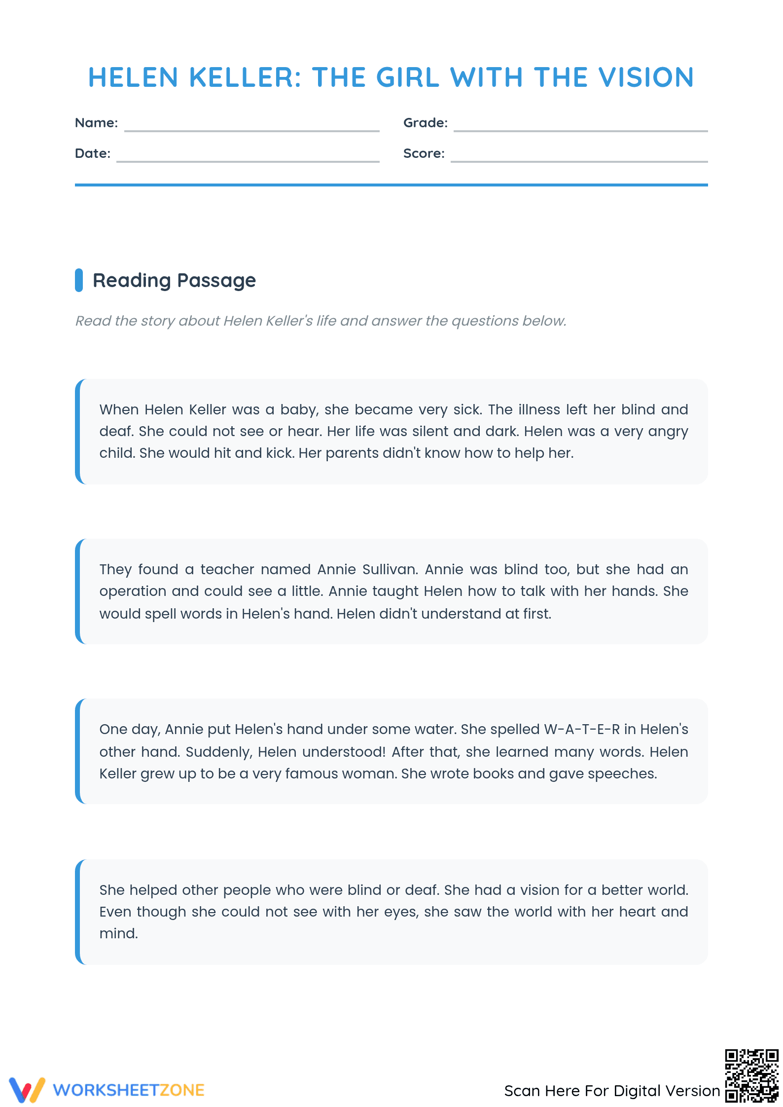 Printable Helen Keller Reading Comprehension | Grade 3 - Page 1
