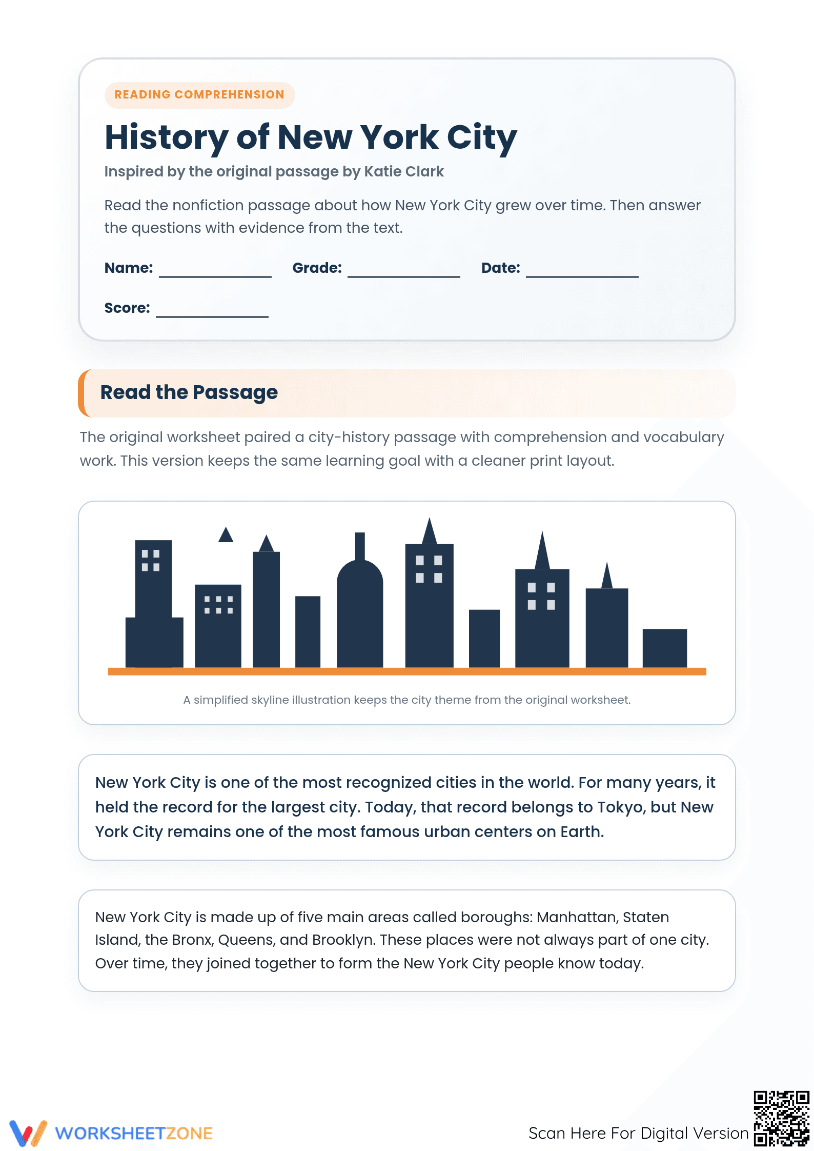 History of New York City Worksheet | Essential Grade 4 ELA - Page 1