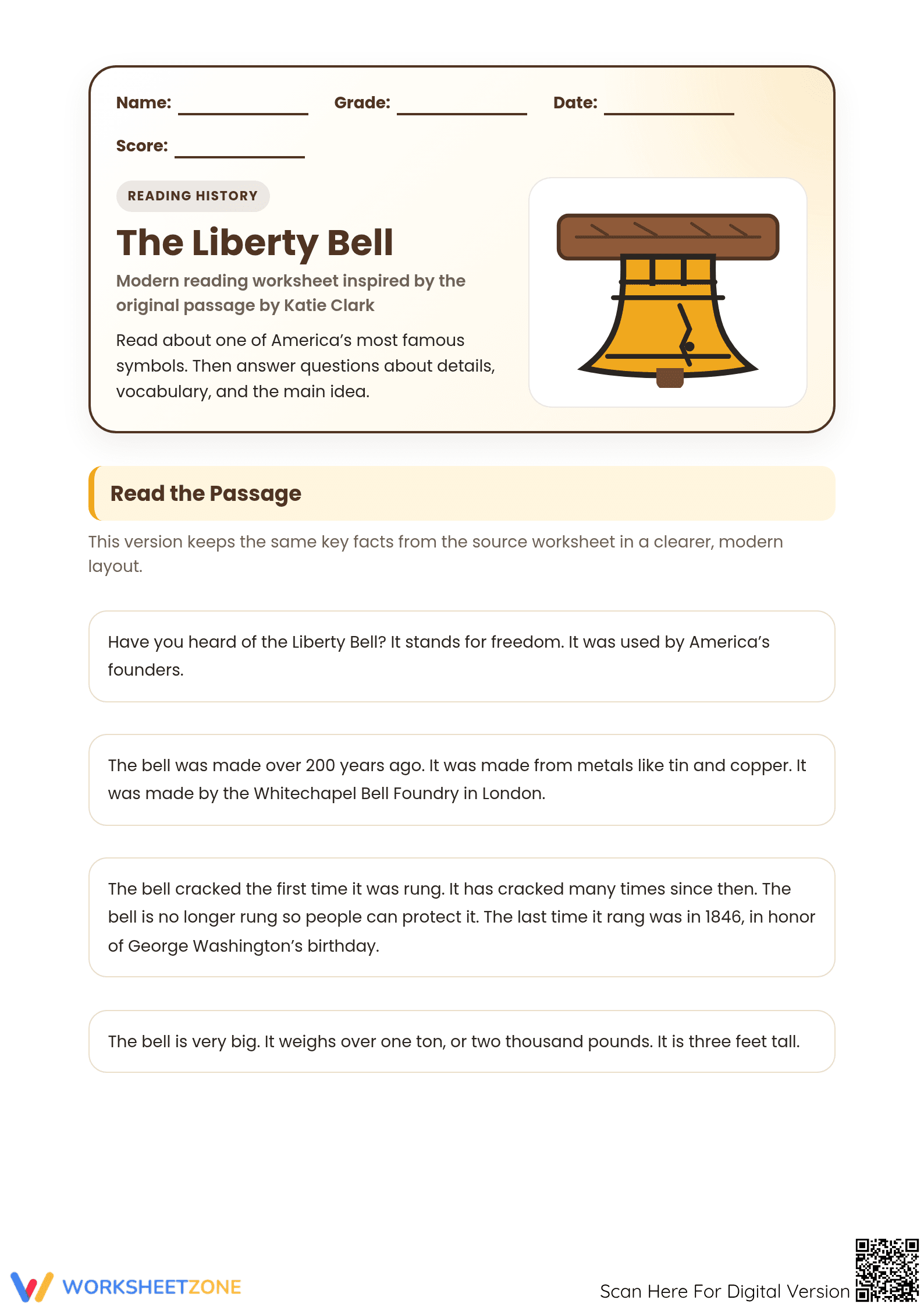 Printable Liberty Bell Reading Worksheet | Grade 3 - Page 1