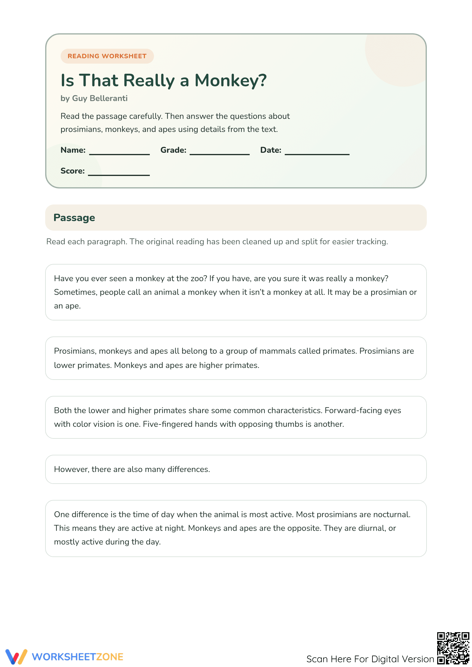 Is That Really a Monkey? Worksheet | Grade 3 Printable - Page 1