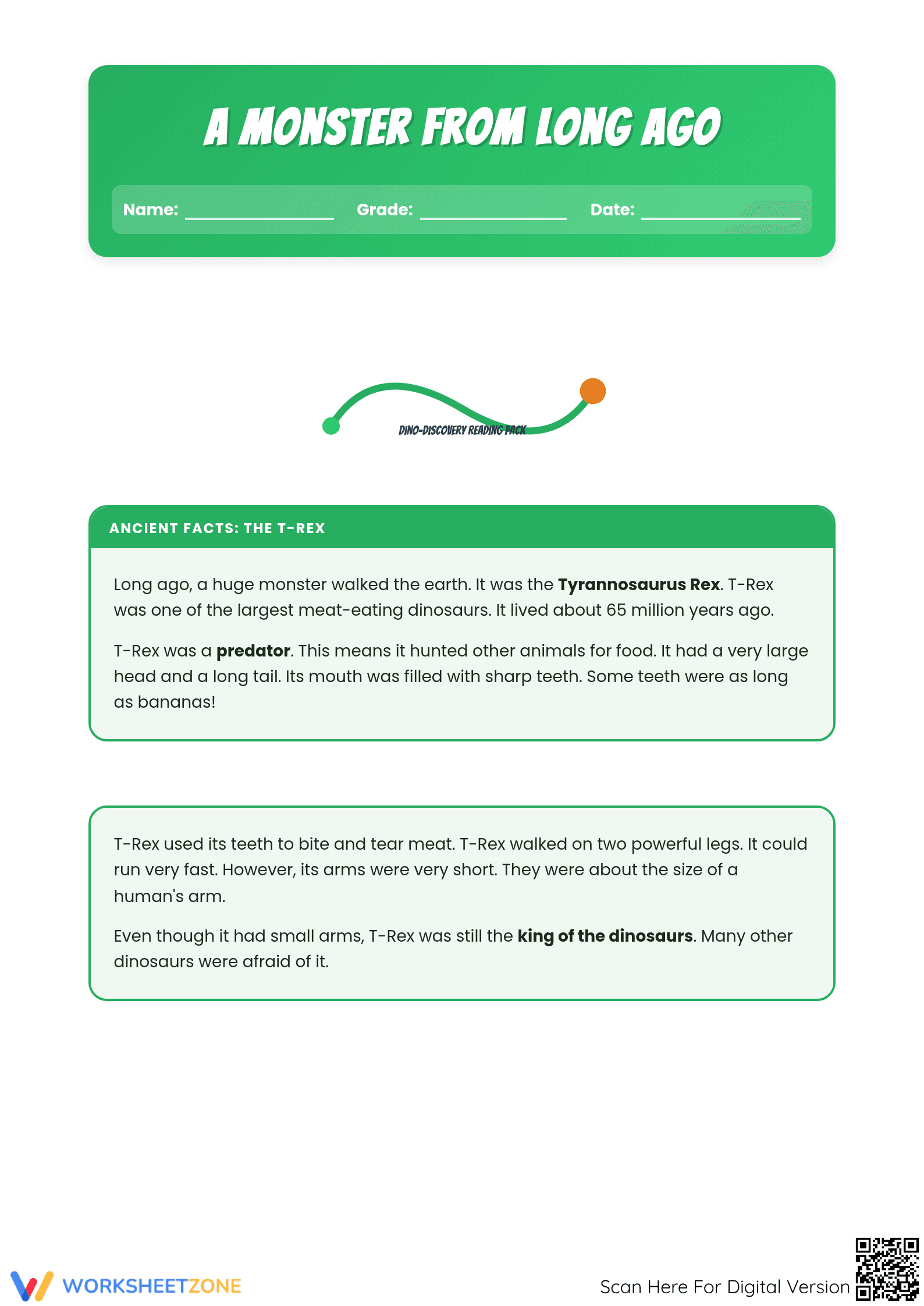 Printable T-Rex Reading Worksheet | Grade 2 ELA Ready - Page 1