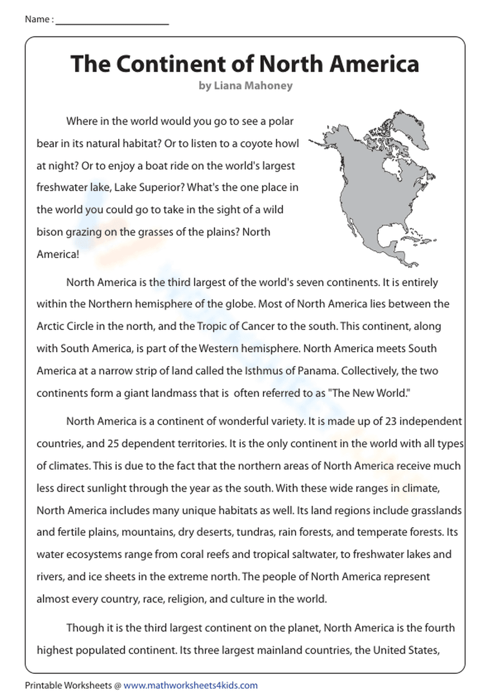 The Continent of North America Worksheet - Page 1
