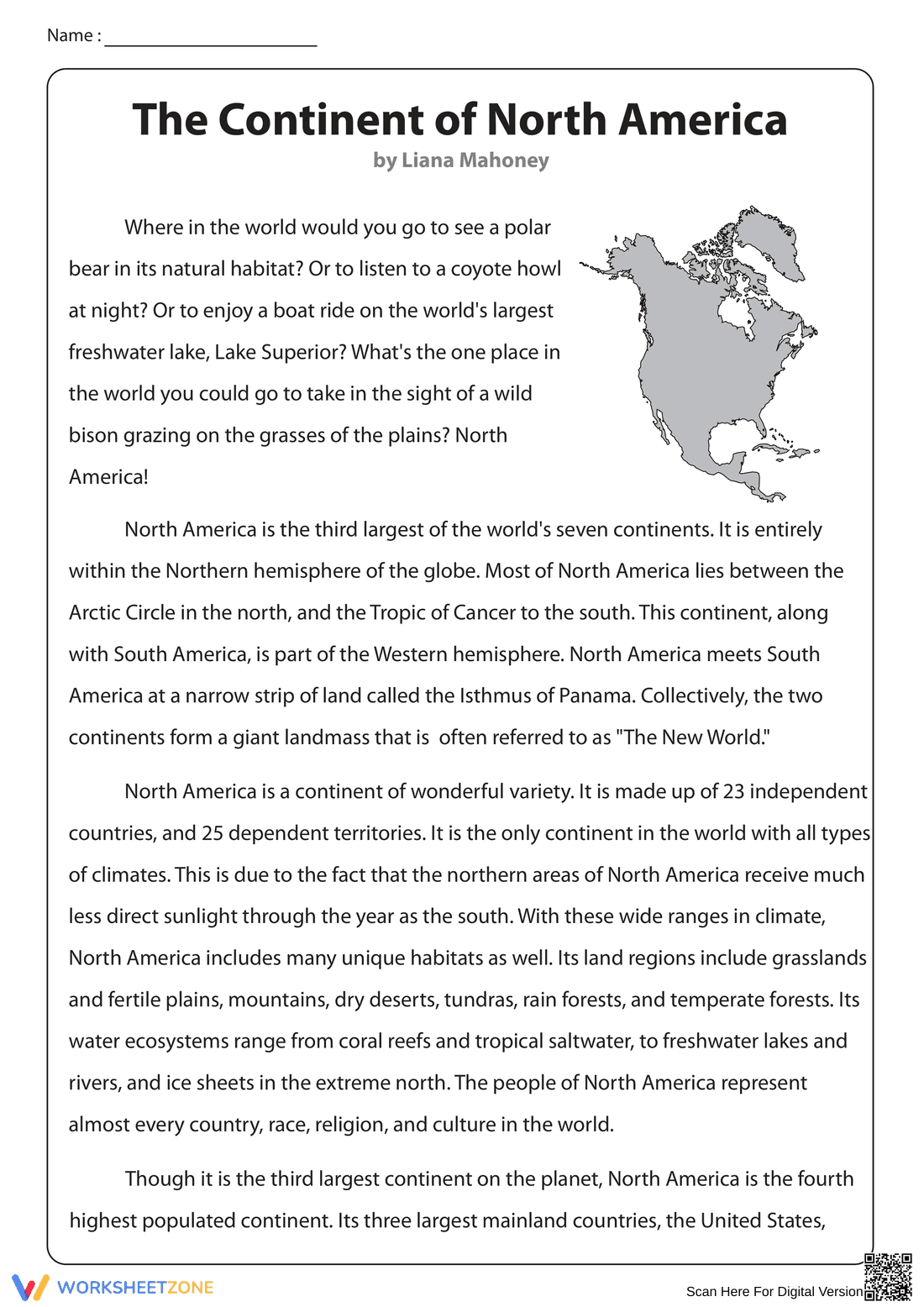 The Continent of North America Worksheet - Page 1