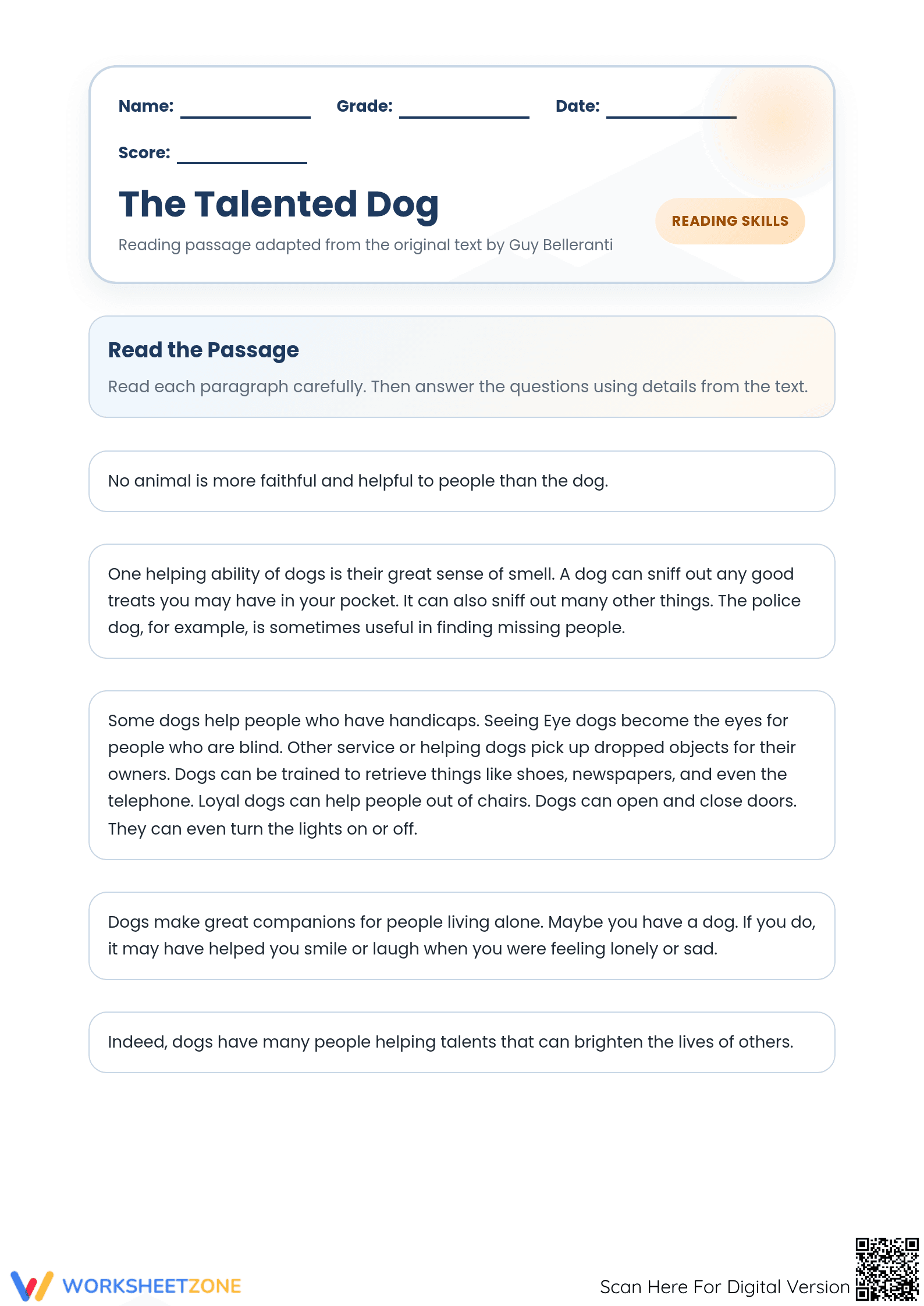 Printable Talented Dog Reading Worksheet | Grade 3 ELA - Page 1