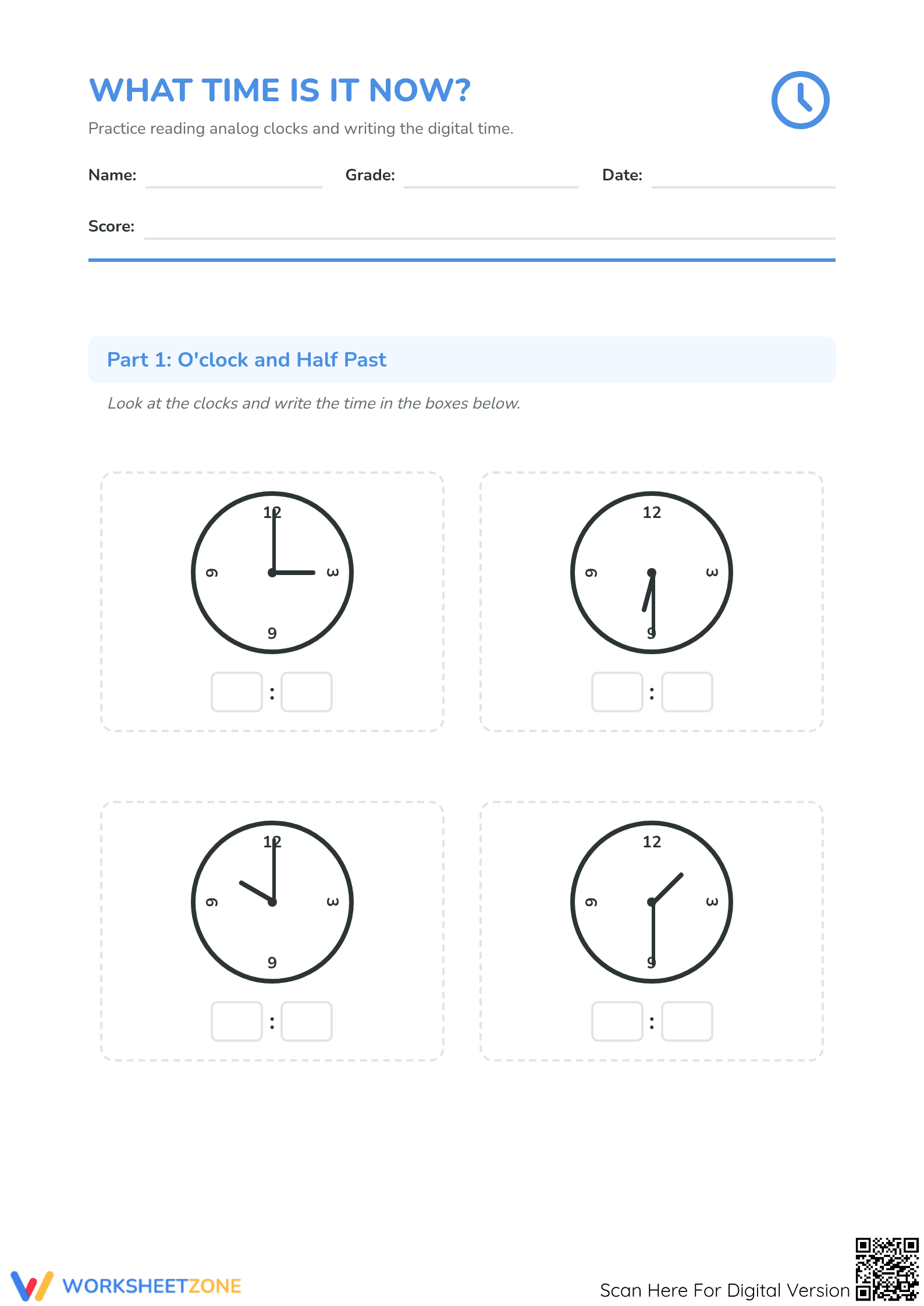 Grade 2-4 Telling Time — Printable No-Prep Worksheet - Page 1
