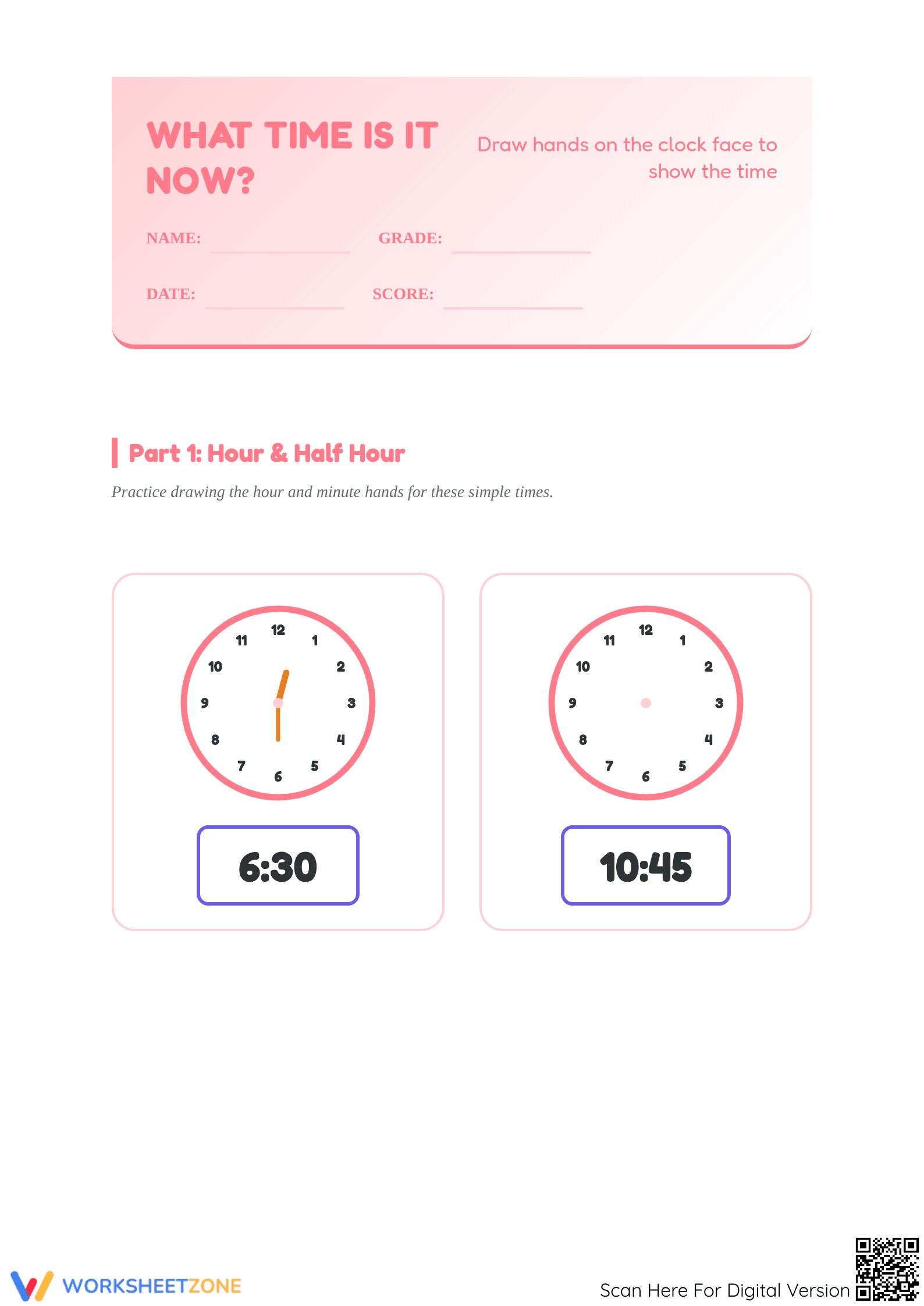 Printable Telling Time Worksheet | Grade 2-4 Math Practice - Page 1