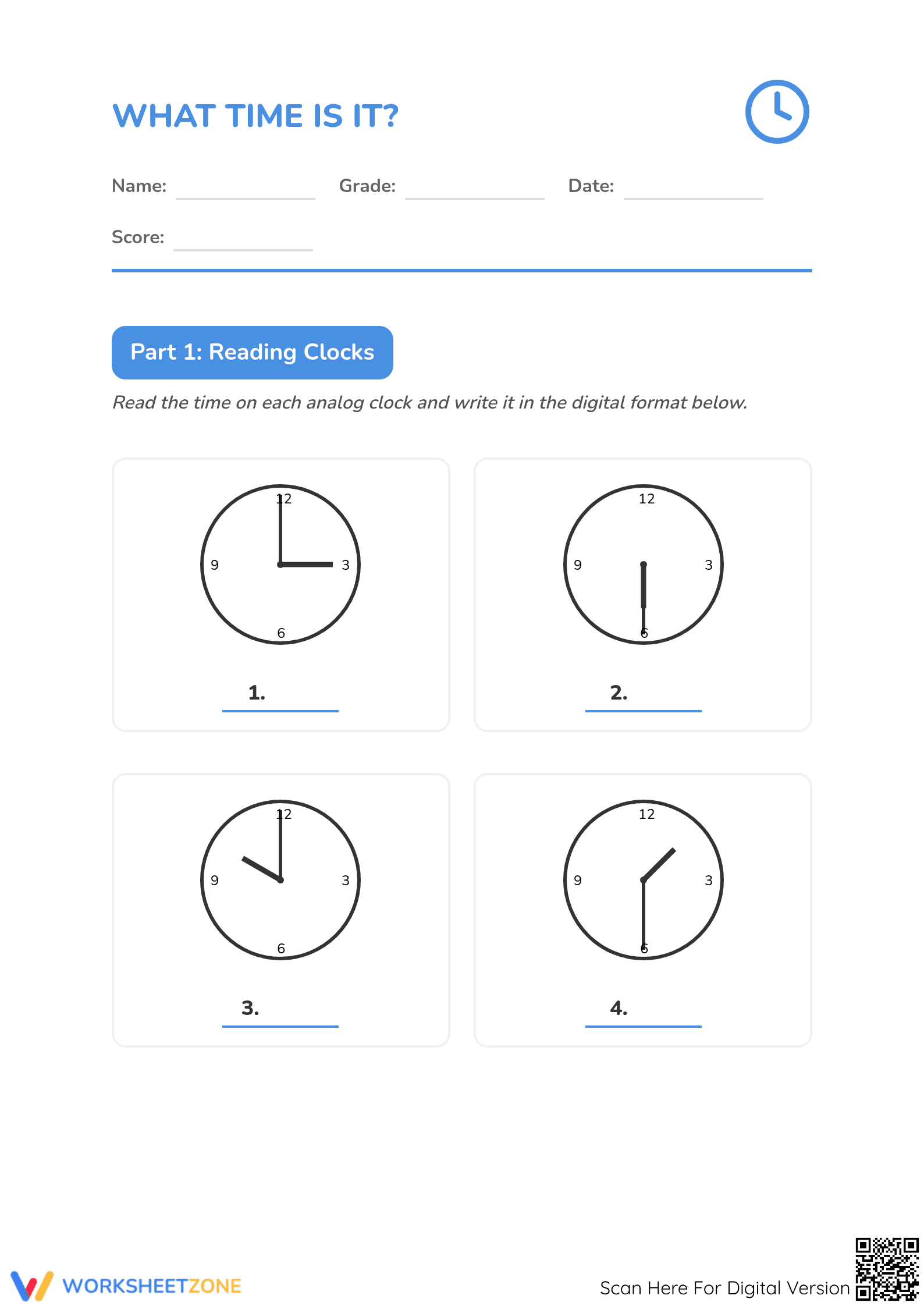 Printable Telling Time Worksheet | Grade 2-4 Math - Page 1