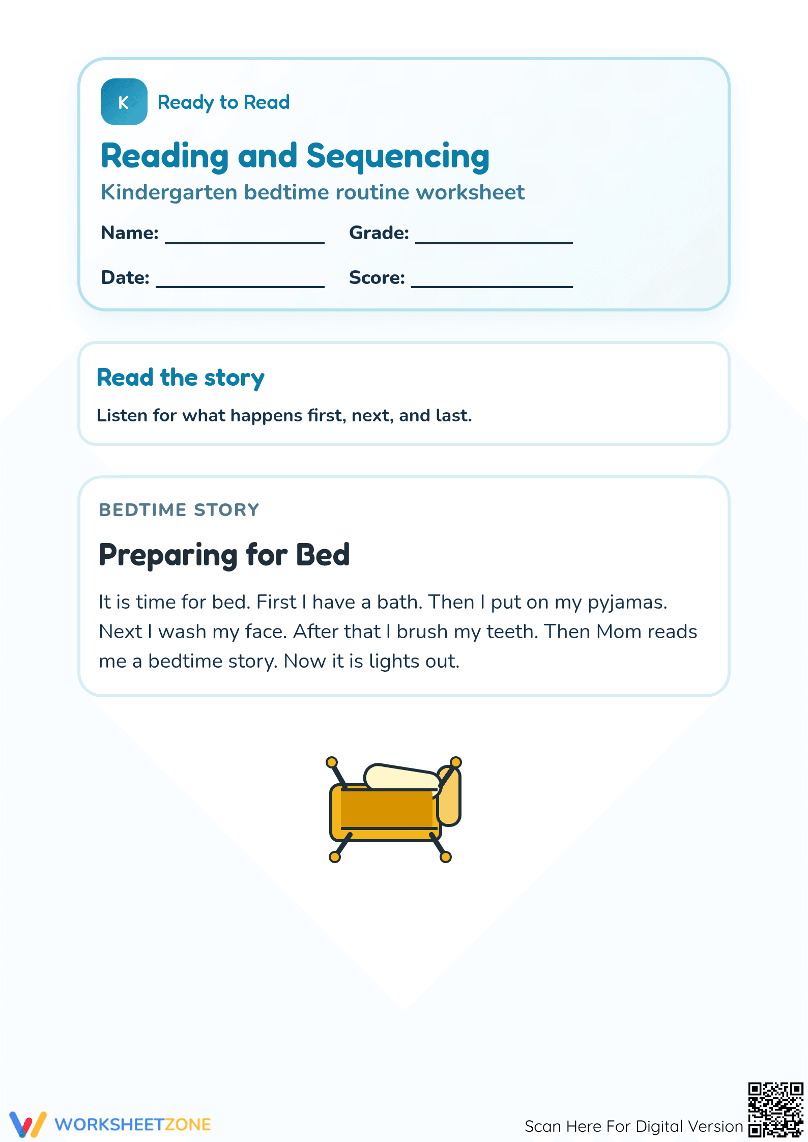 Printable Grade K Bedtime Routine Sequencing Worksheet - Page 1