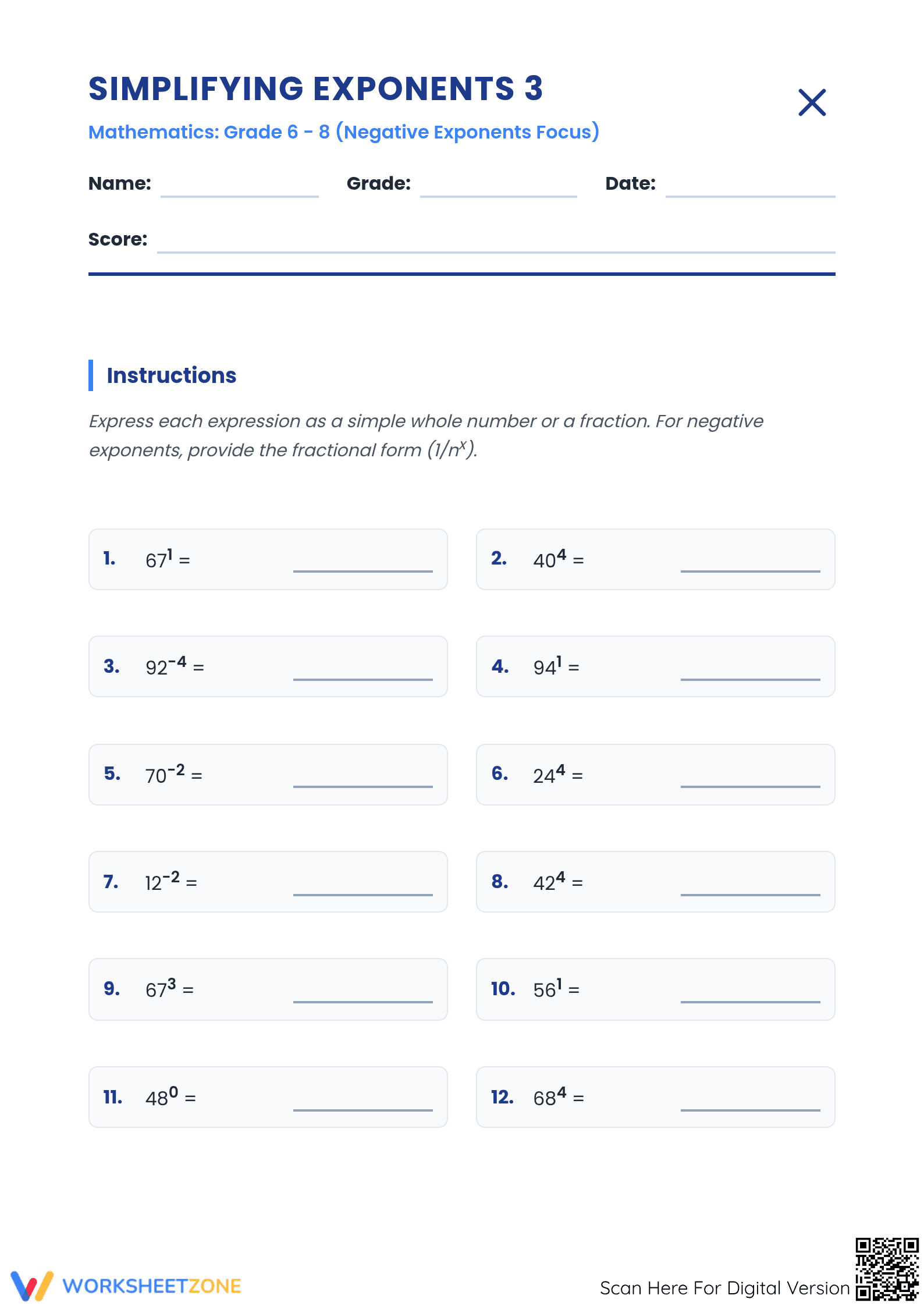 Negative Exponents Practice Worksheet | Grade 8 Essential - Page 1