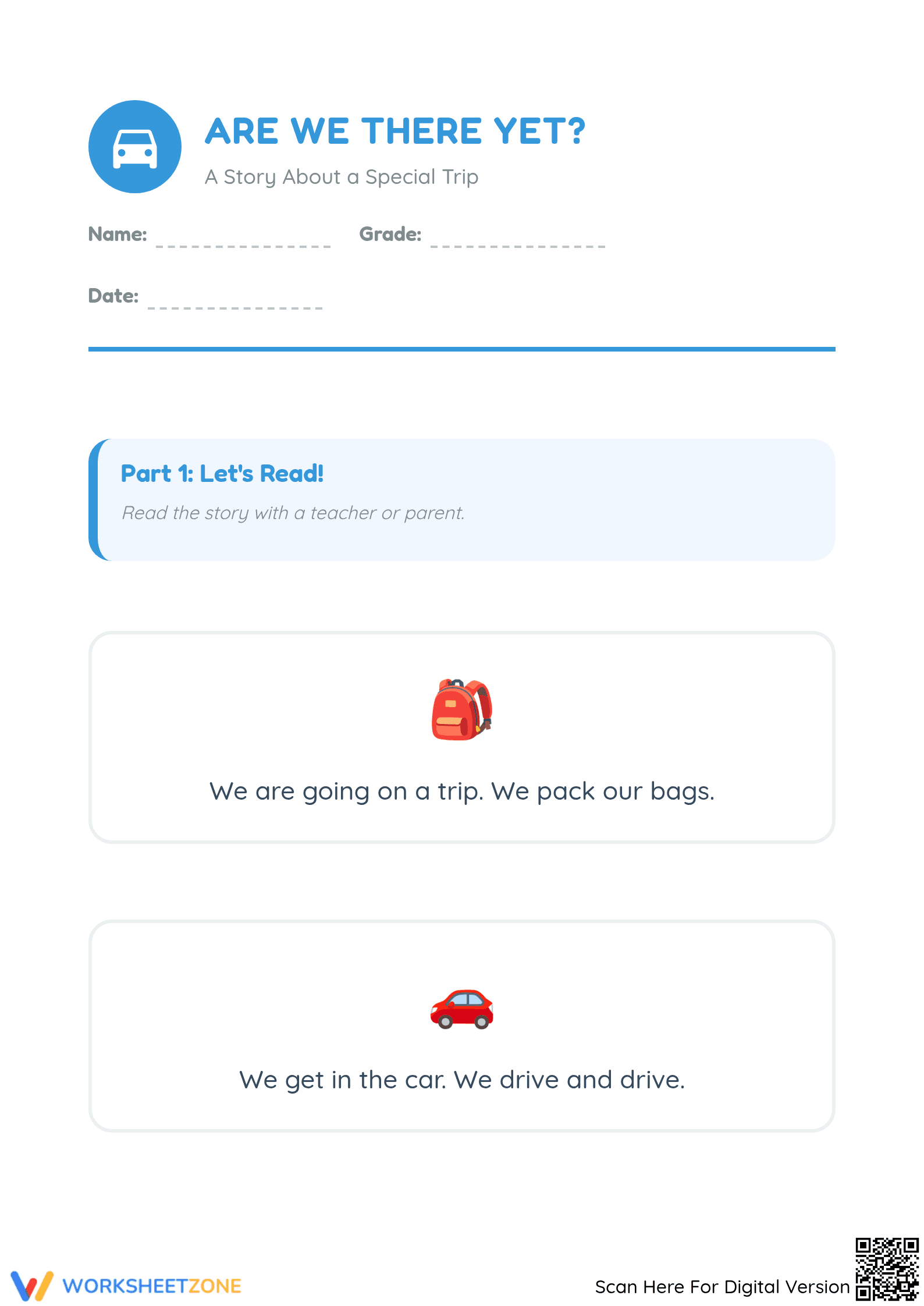 Are We There Yet? Printable Kindergarten Reading Worksheet - Page 1
