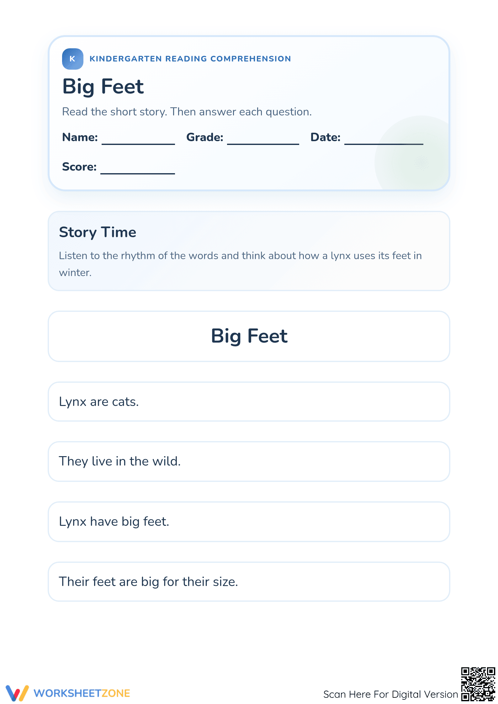 Kindergarten "Big Feet" Reading Worksheet | Aligned - Page 1