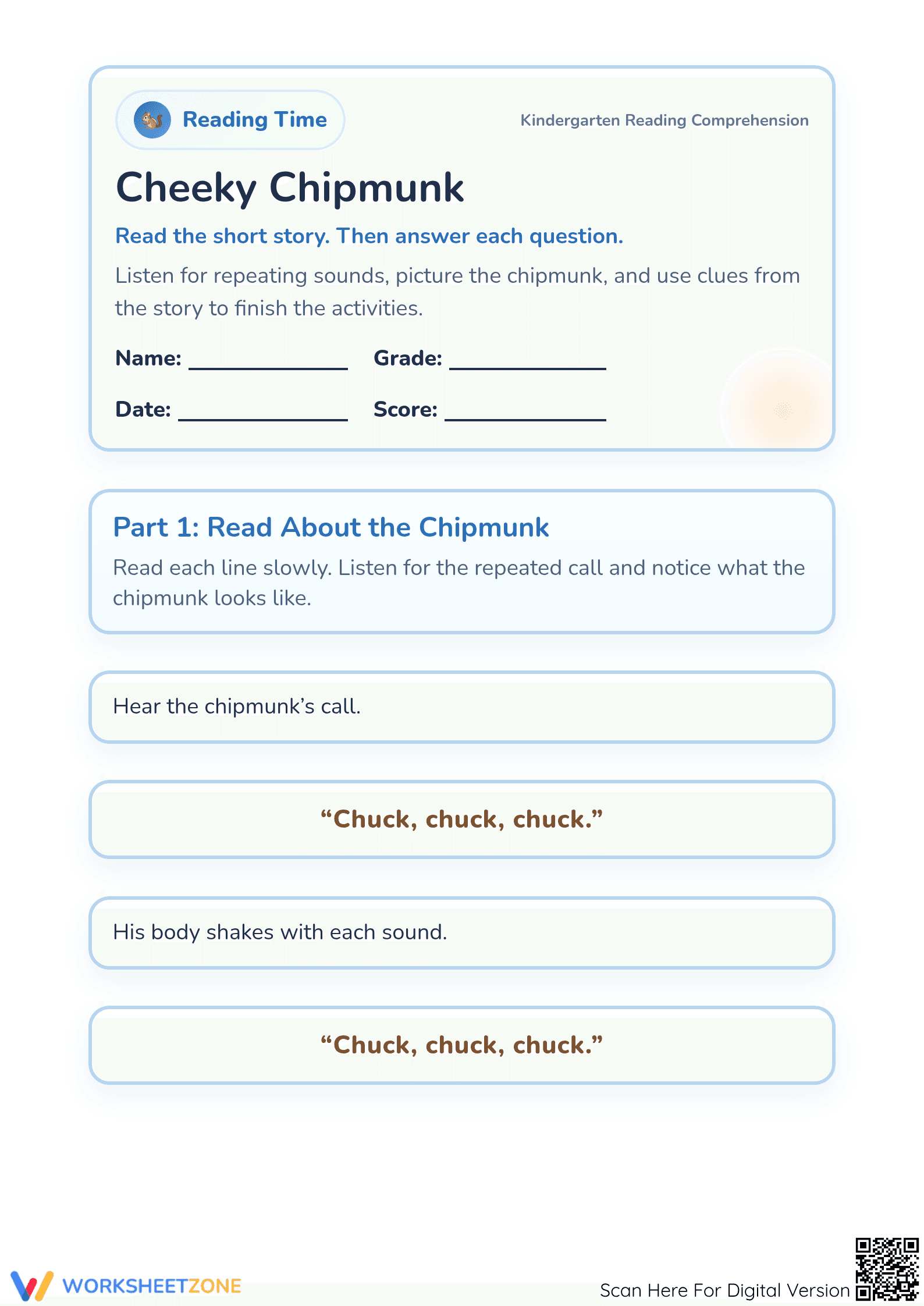 Printable Kindergarten Reading Worksheet: Cheeky Chipmunk - Page 1