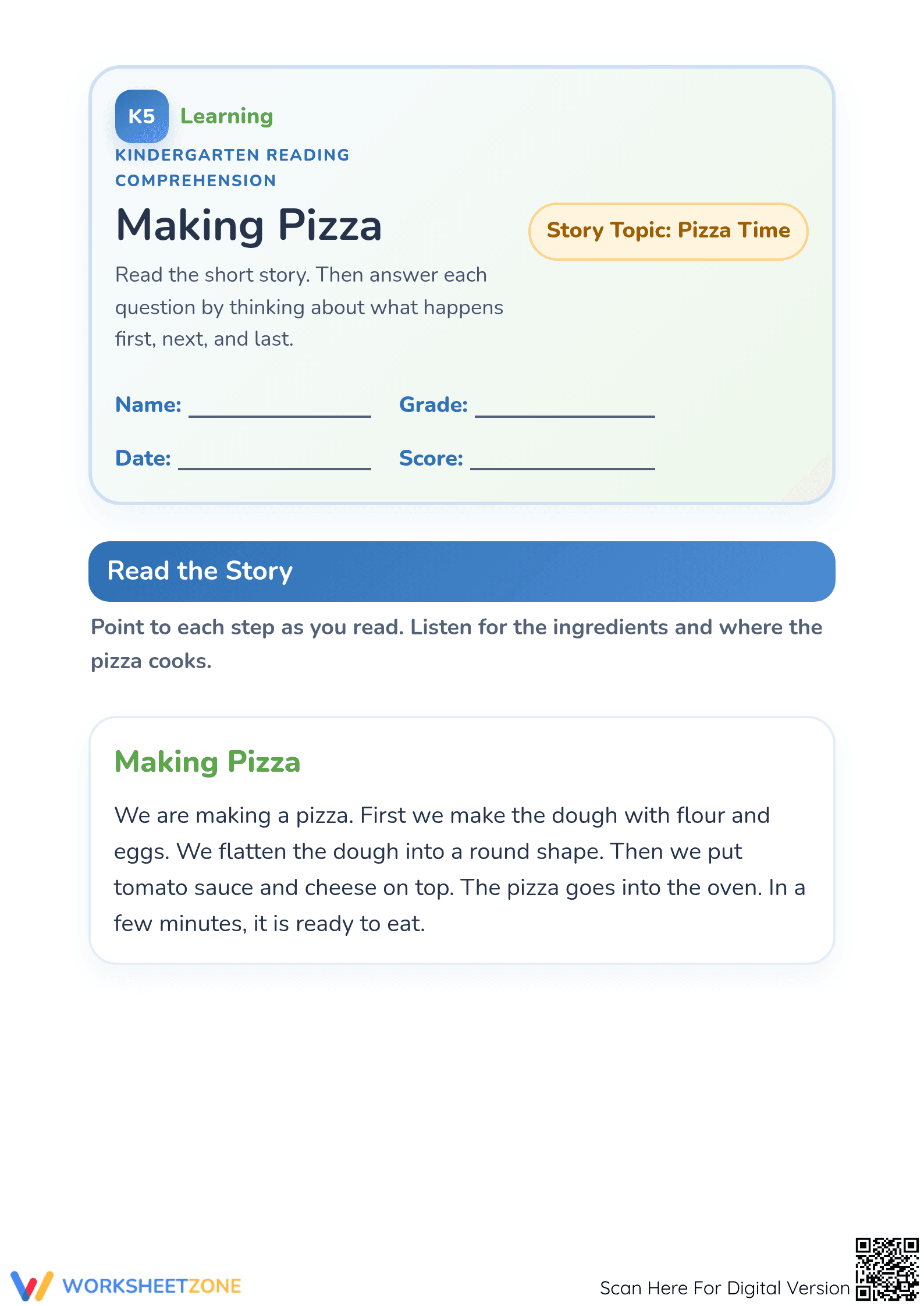 Printable Making Pizza Reading Worksheet | Grade K - Page 1