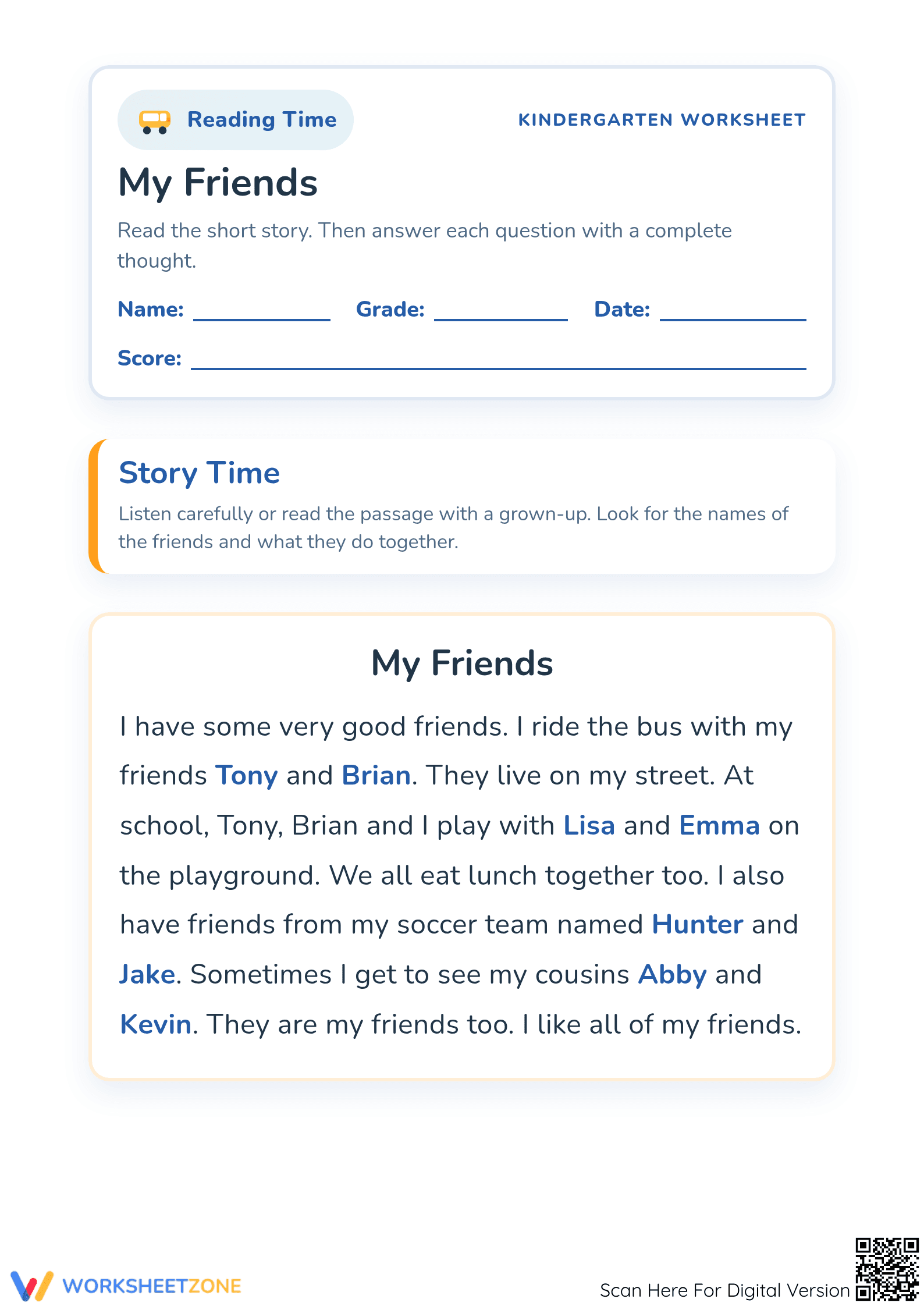 Grade K Reading: My Friends — Printable No-Prep Worksheet - Page 1