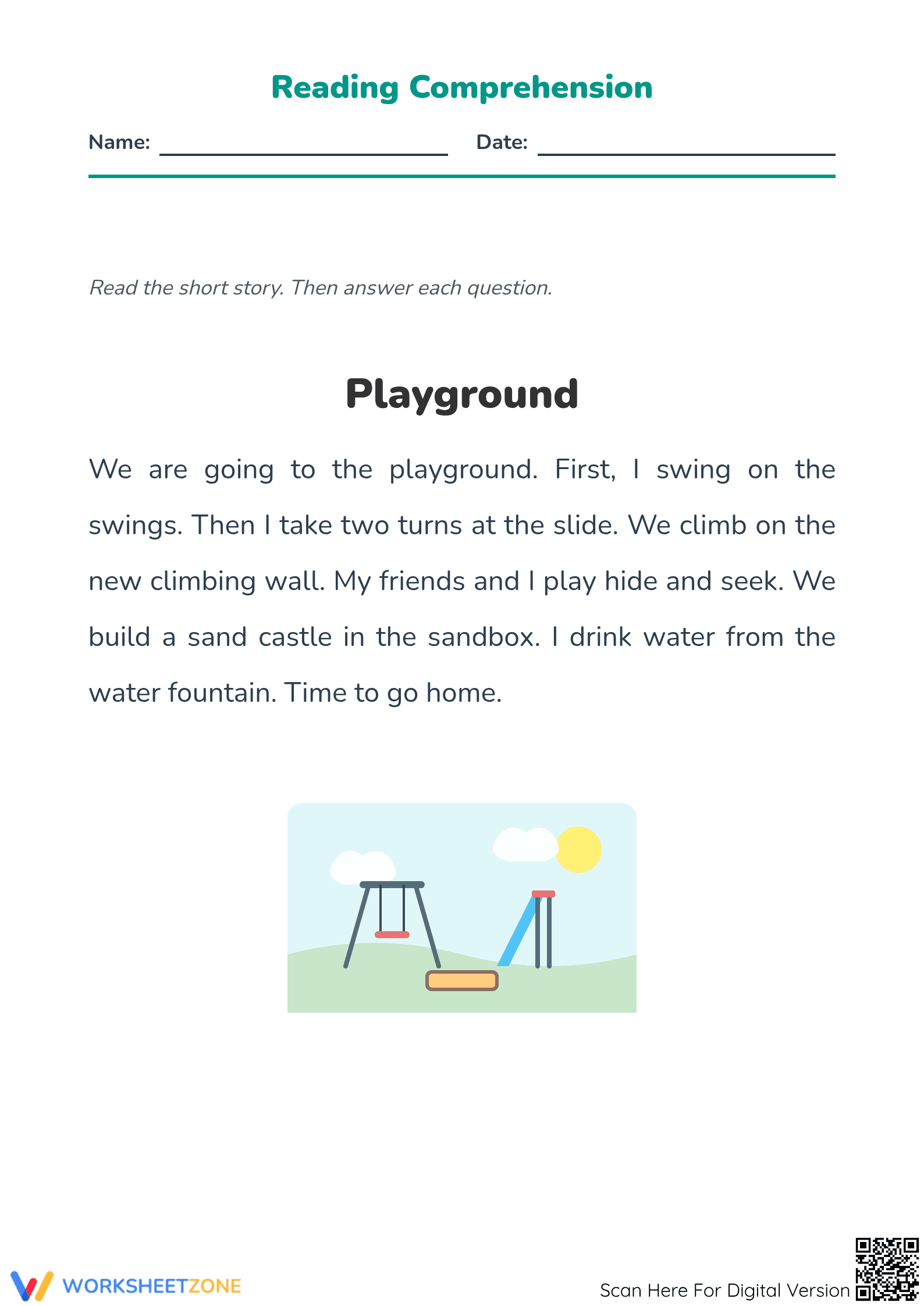 Printable Playground Reading Comprehension | Grade K ELA - Page 1