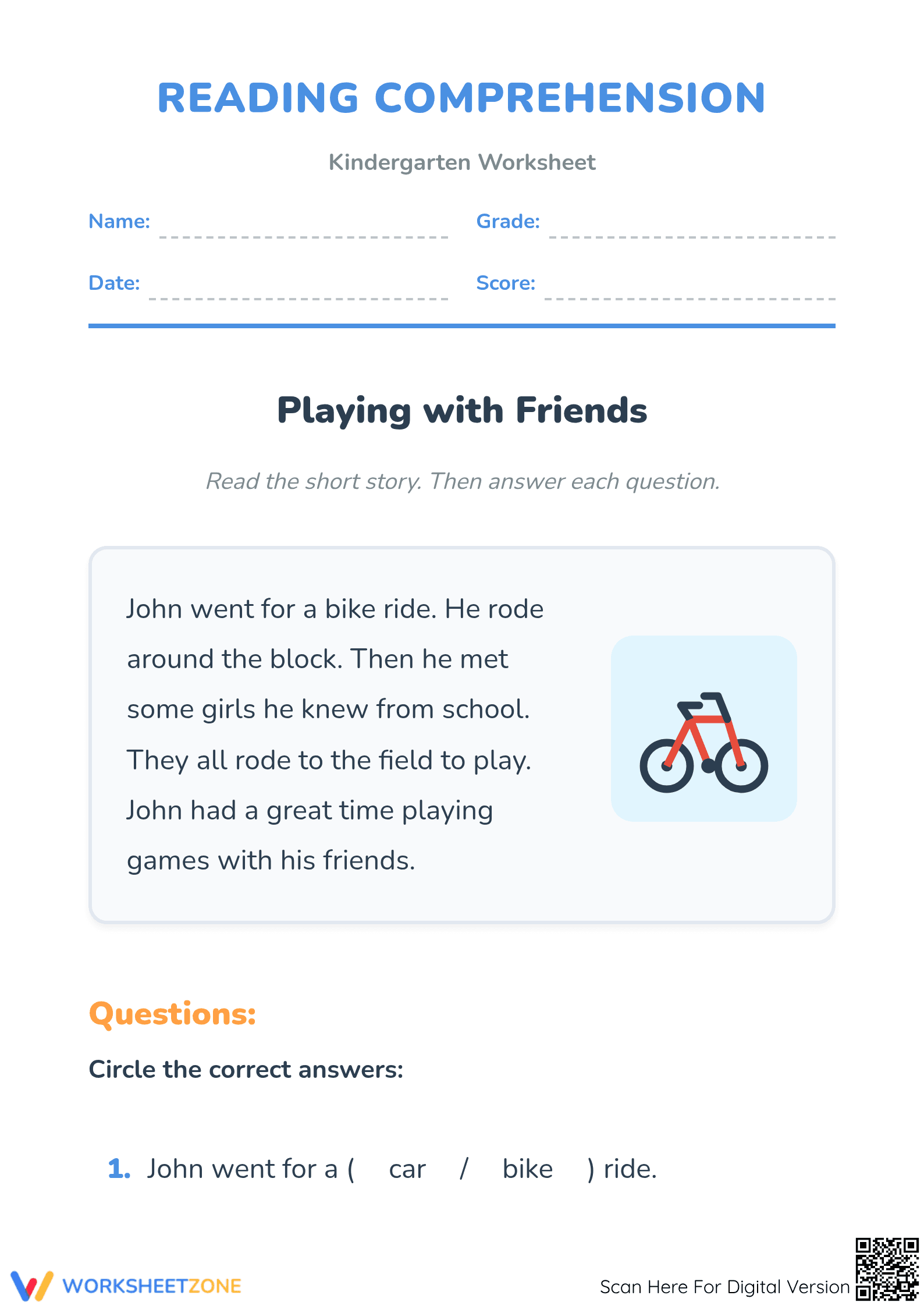 Grade K Reading Comprehension — Printable No-Prep Worksheet - Page 1