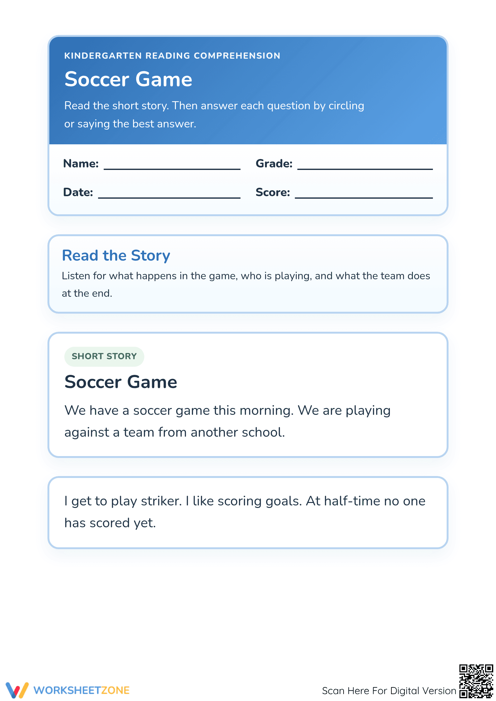 Printable Soccer Game Reading Worksheet | Kindergarten - Page 1