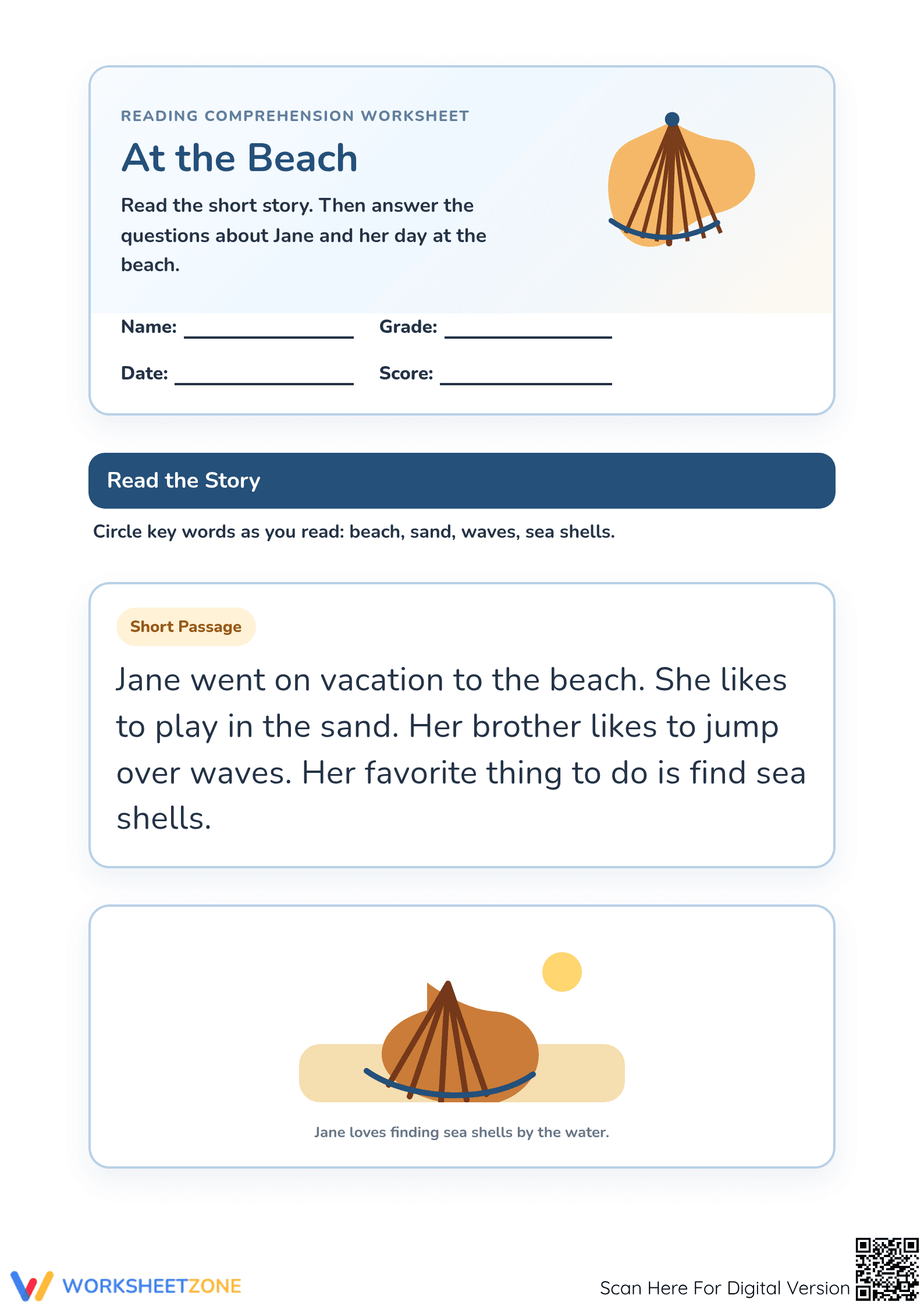 At the Beach Reading Comprehension | Grade 1-3 Printable - Page 1