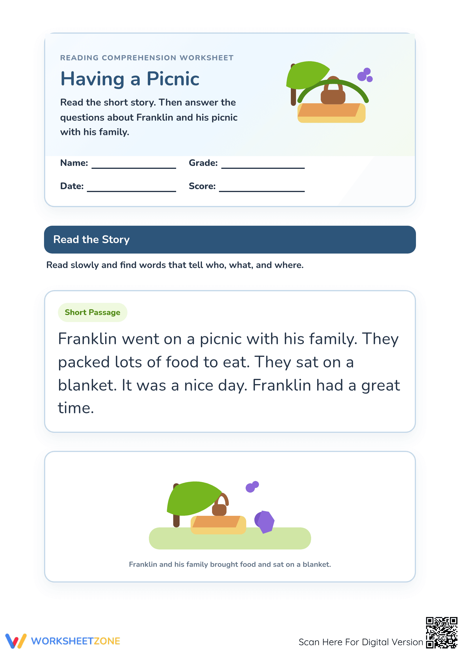 Printable Having a Picnic Reading Worksheet | Grade 1-3 - Page 1