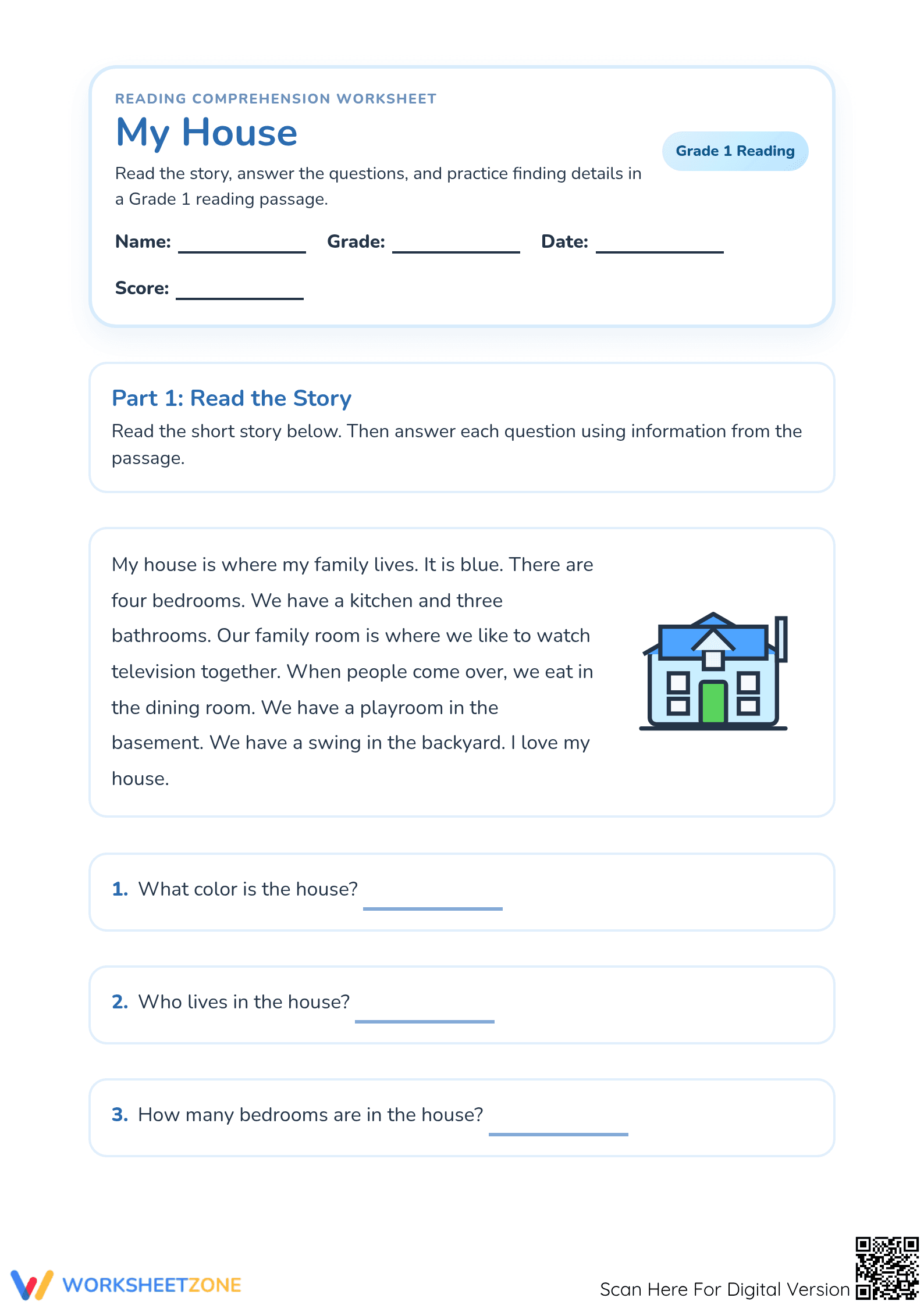 My House Reading Comprehension | Essential Grade 1 Printable - Page 1