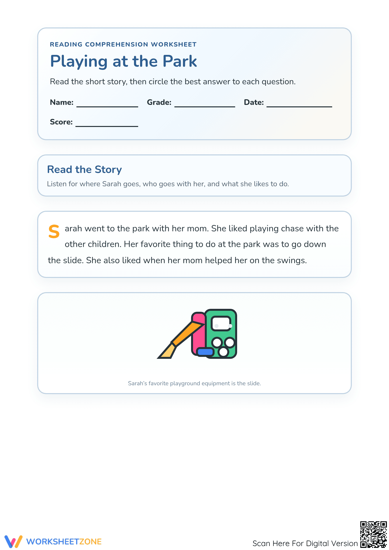 Playing at the Park Worksheet | Grade 1 Printable ELA - Page 1