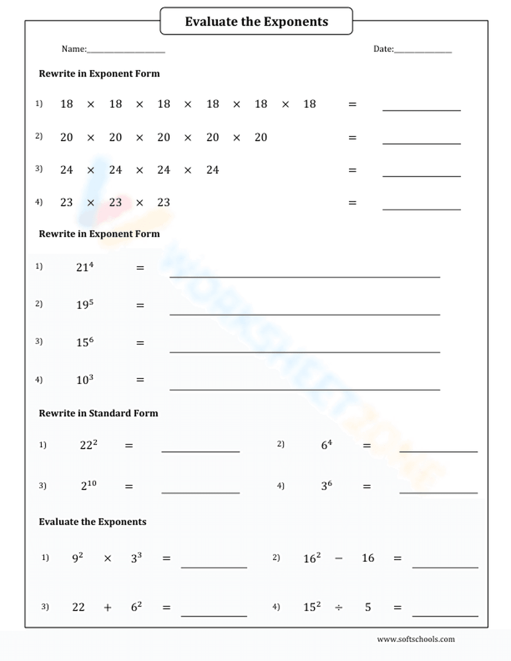 Evaluating and Writing Exponents Practice Worksheet - Page 1