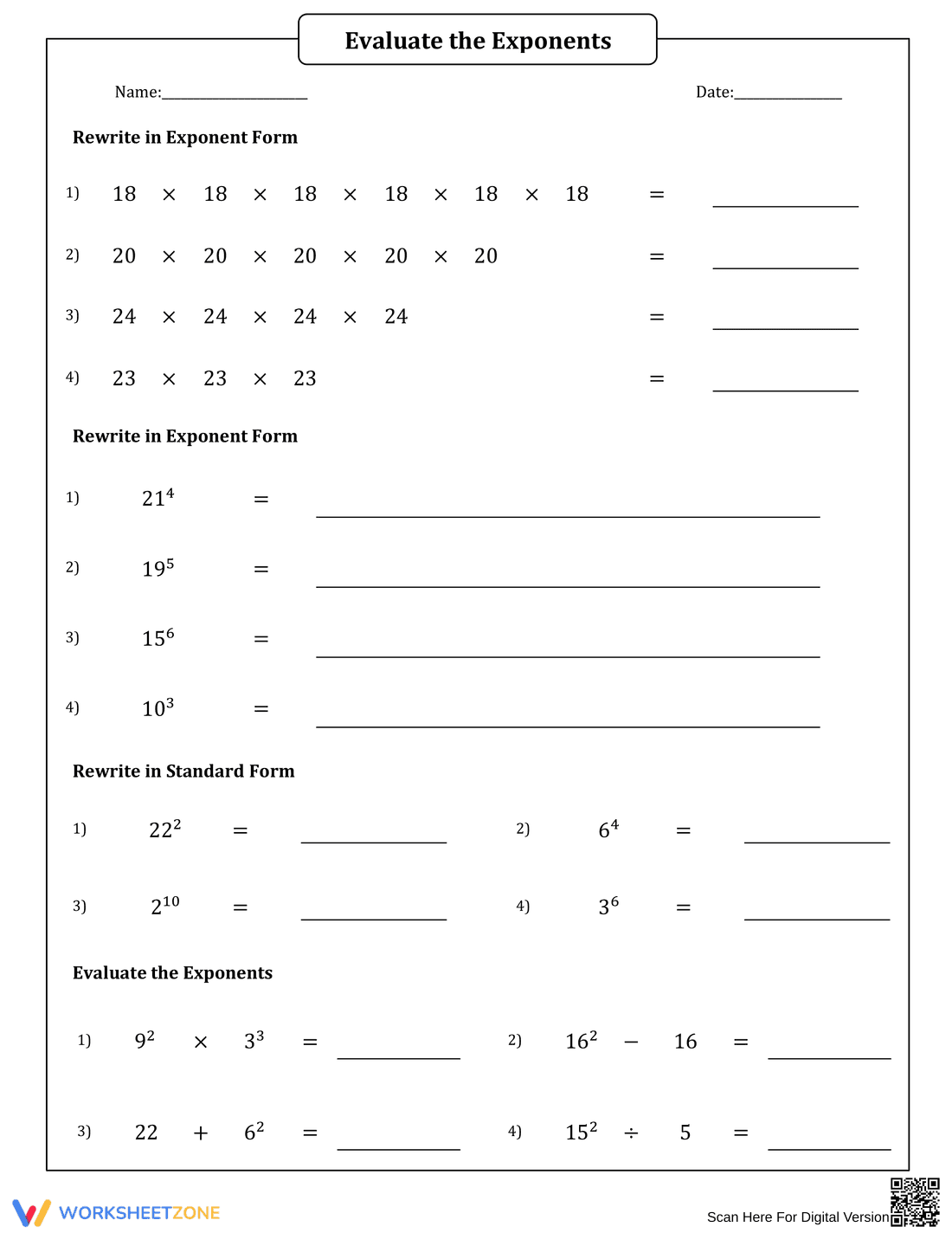 Evaluating and Writing Exponents Practice Worksheet - Page 1