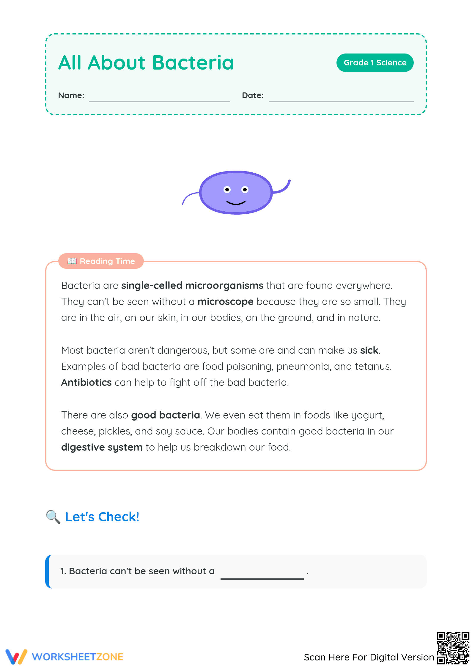 Printable Bacteria Reading Worksheet | Grade 1 ELA - Page 1
