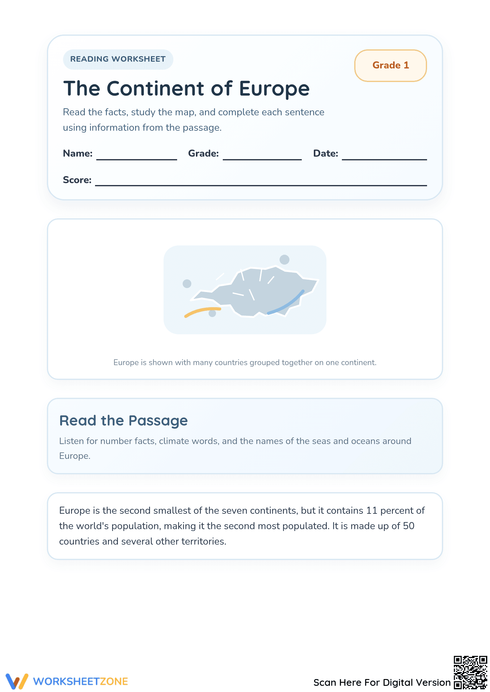 Grade 1 Europe Continent — Printable No-Prep Worksheet - Page 1