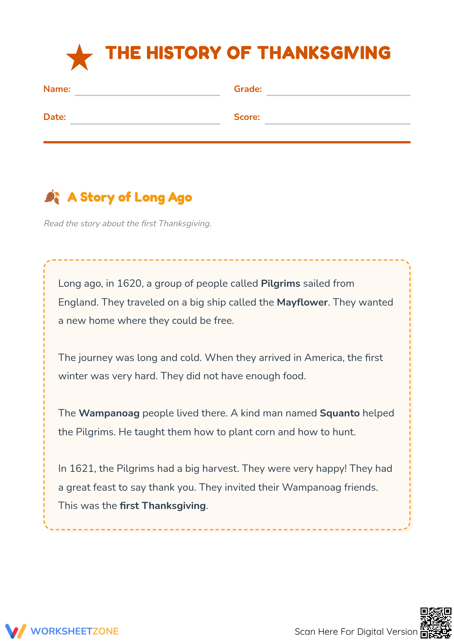 Essential Thanksgiving History Reading Worksheet — Grade 1 - Page 1