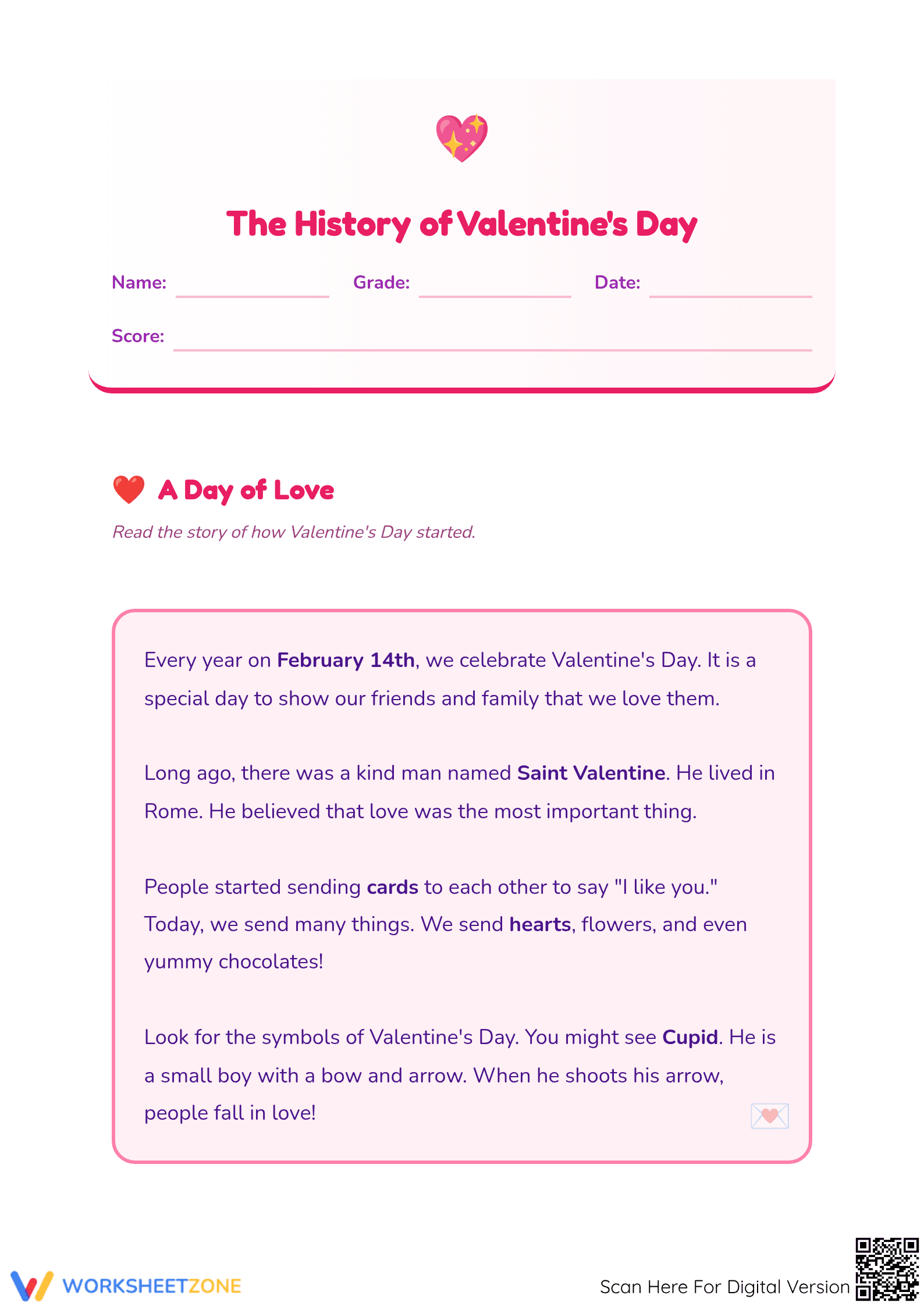 Essential History of Valentine's Day Worksheet | Grade 1 - Page 1