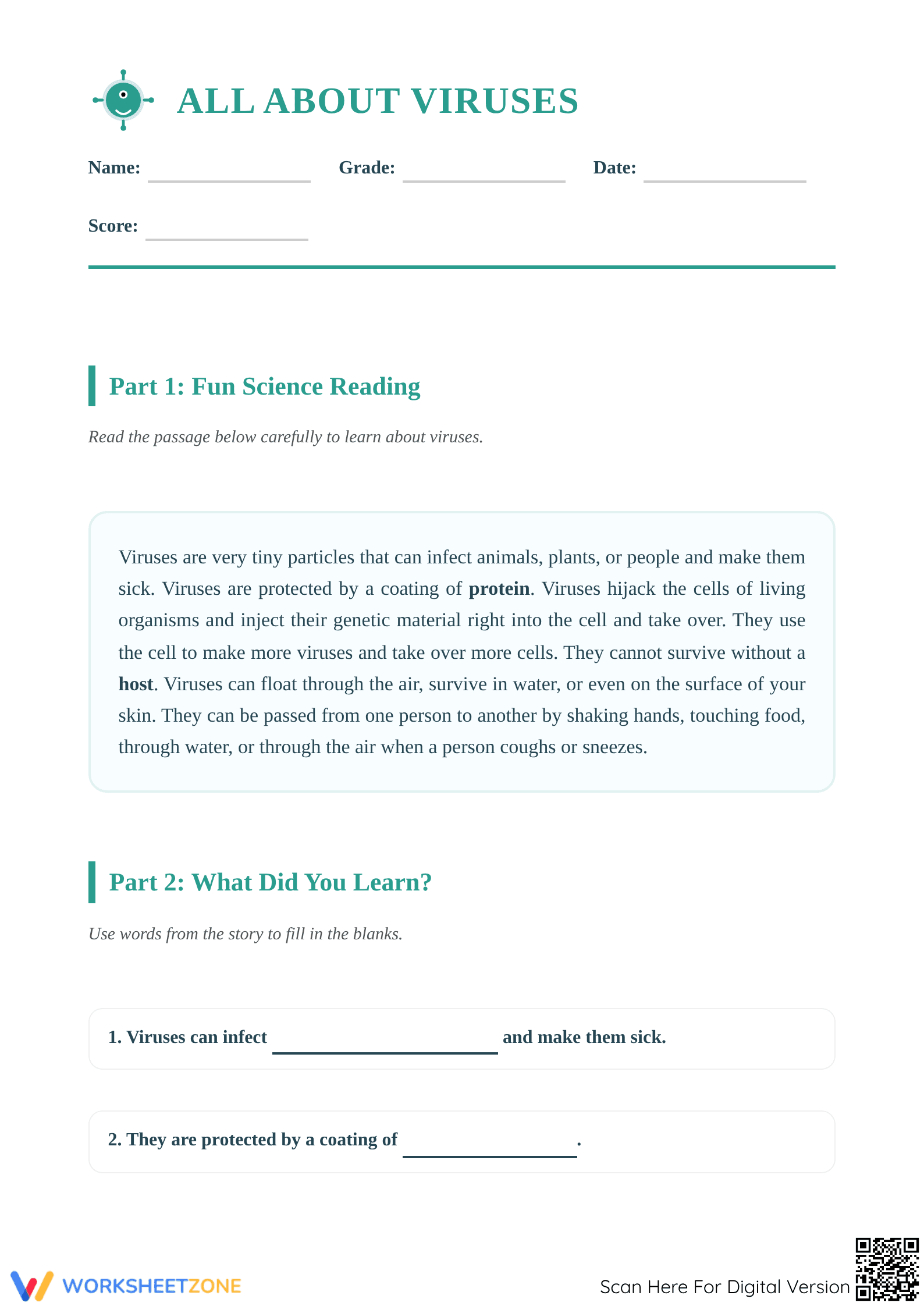 Printable Grade 1 Viruses Reading Comprehension Worksheet - Page 1