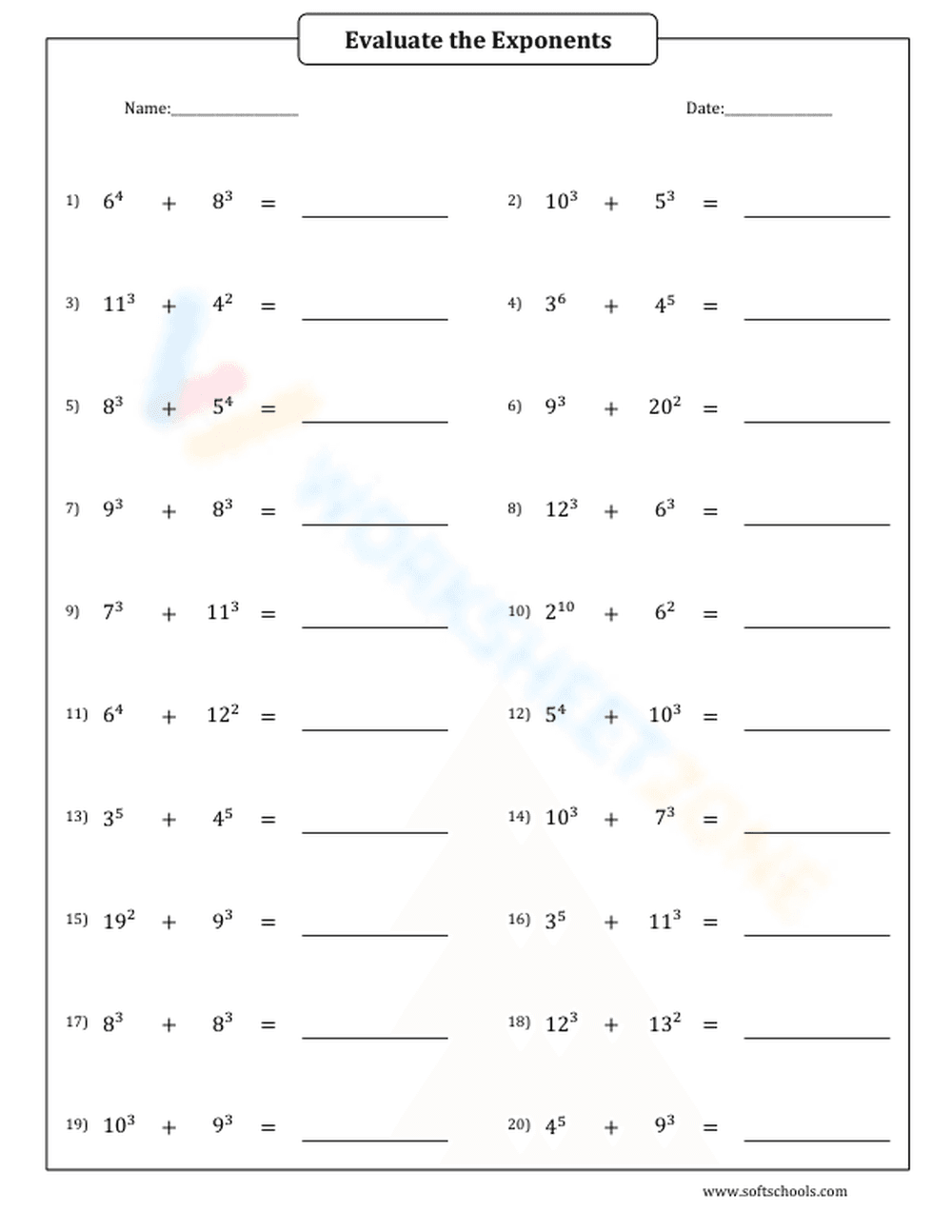 Evaluating Exponents and Addition Practice Worksheet - Page 1