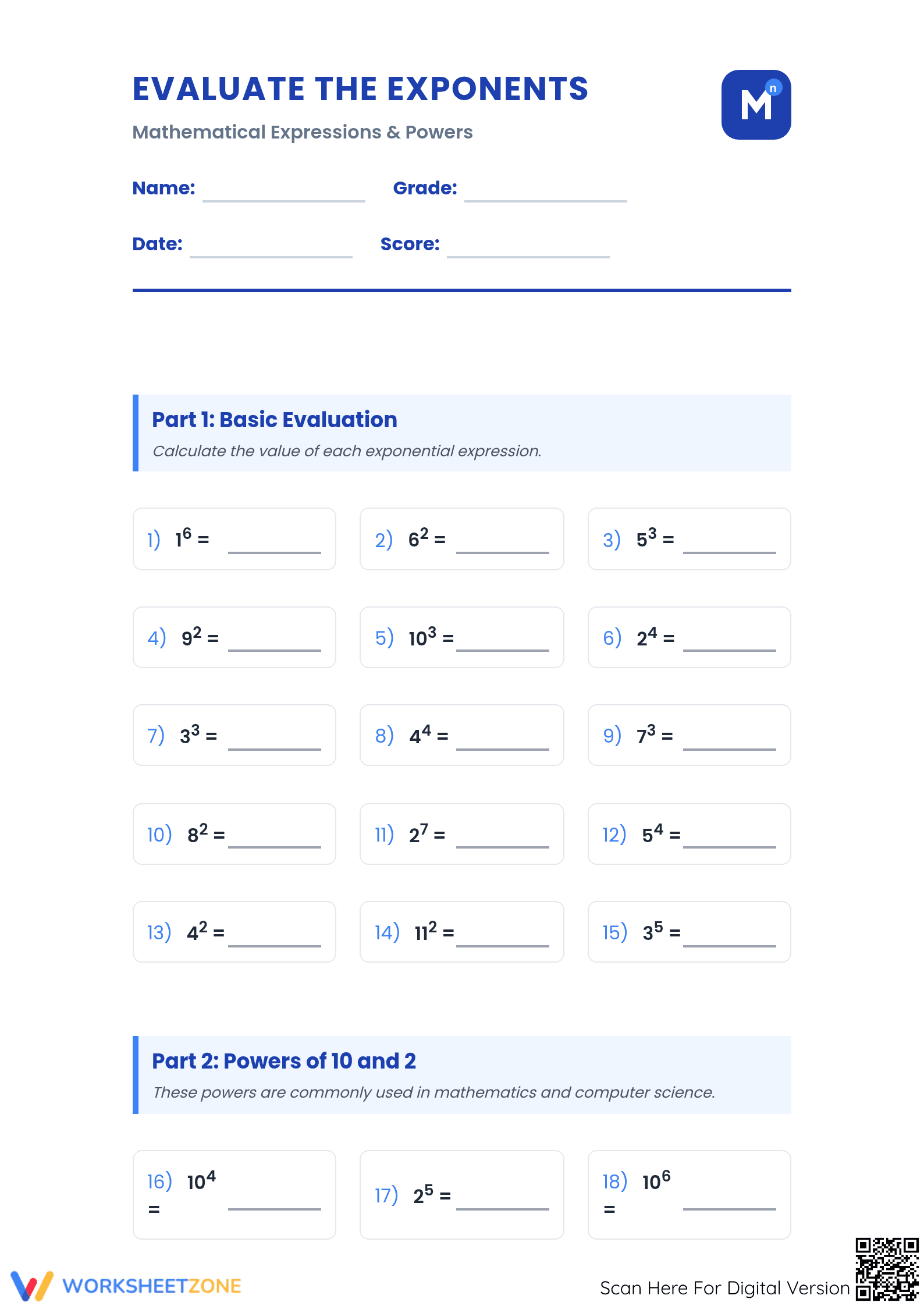Evaluate Exponents Worksheet | Grade 6 Essential - Page 1