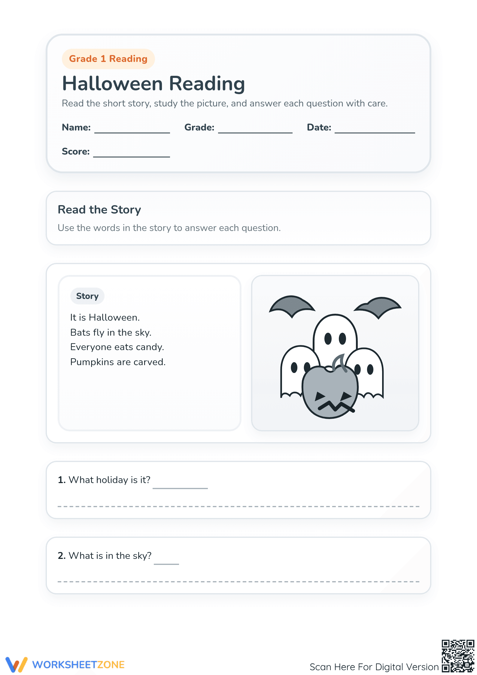 Grade 1 Halloween Reading Comprehension | Printable - Page 1